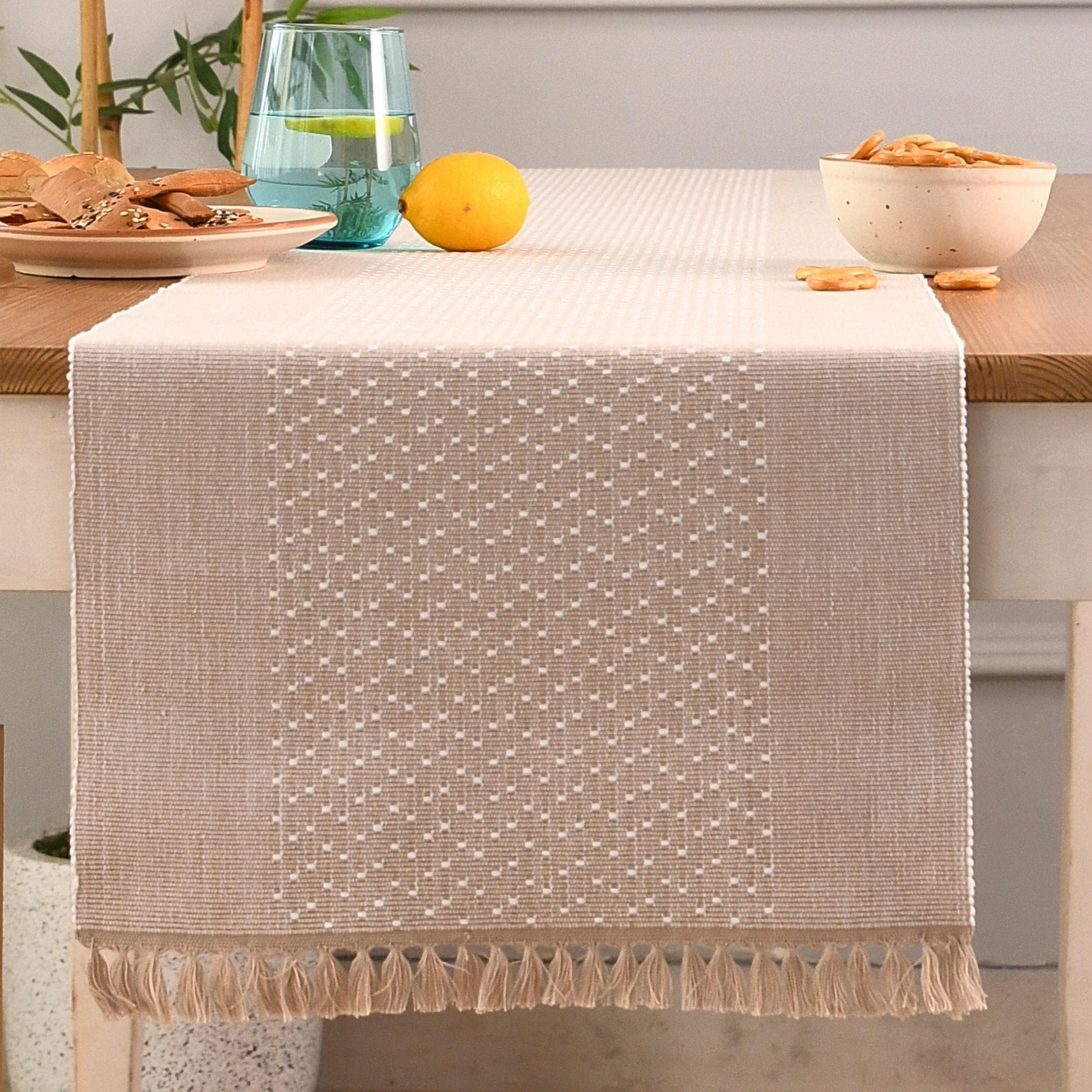 FolkultureBoho Table Runner 90 Inches Long for Home Décor, 100% Cotton Farmhouse Table Runner or Coffee Table Runner for Dining Table Décor, White Rustic Table Runner ( Taupe )