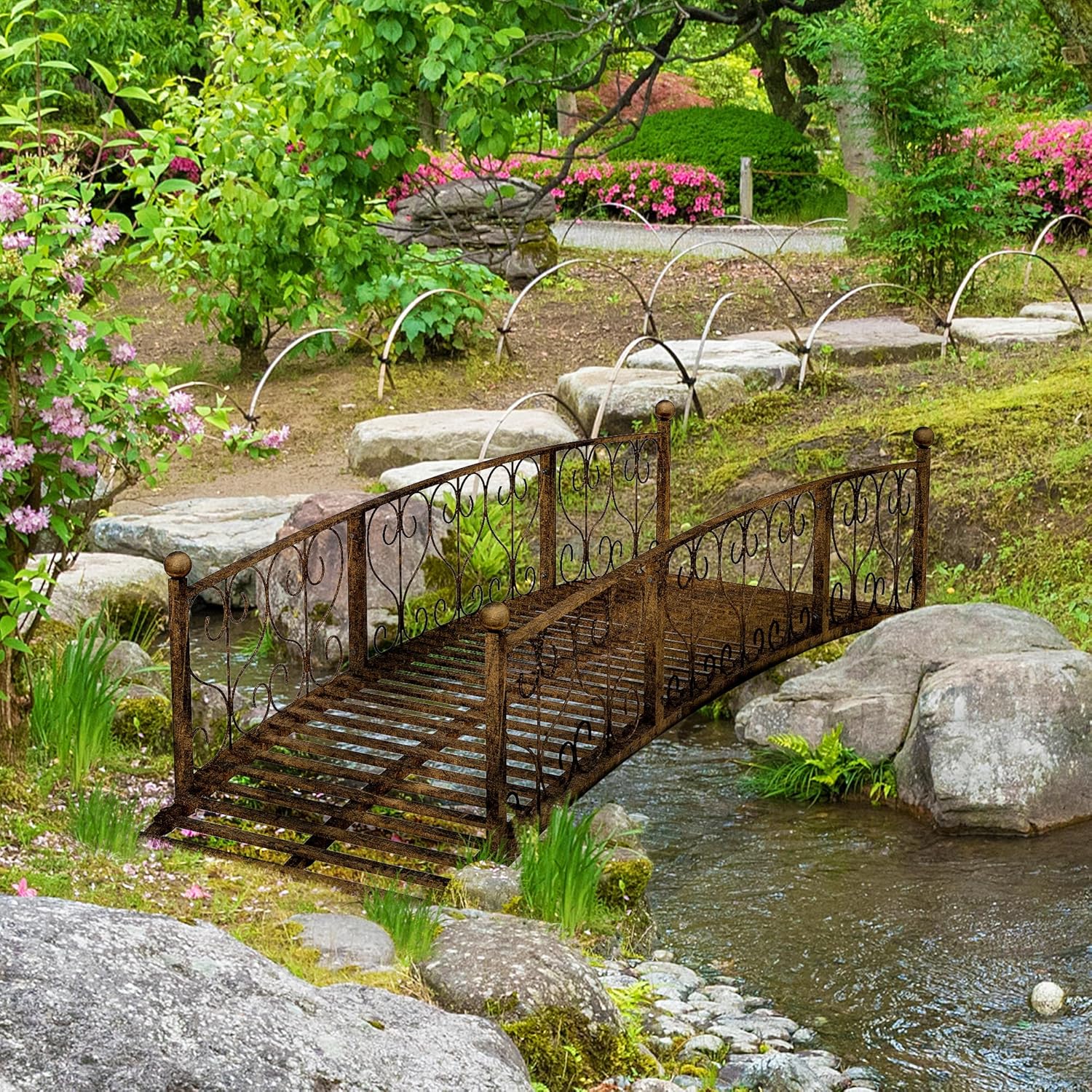 7' Metal Arch Garden Bridge with Safety Siderails, Decorative Arc Footbridge with Delicate Scrollwork S Motifs for Backyard Creek, Stream, Fish Pond, Bronze