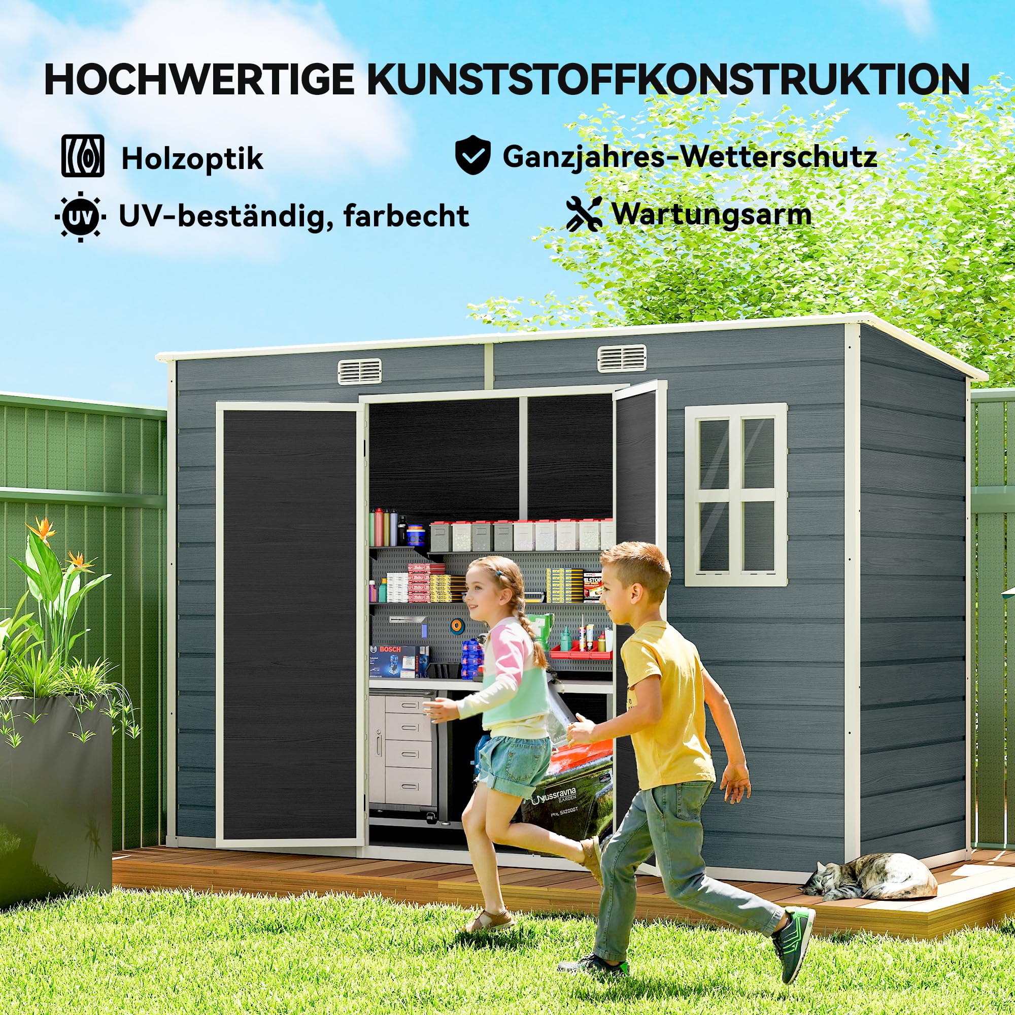 Outsunny Gerätehaus 3,2m², Geräteschuppen mit Pultdach, 303x123x197cm, Kunststoff Gartenschuppen mit Fenster Doppeltür Schloss Belüftungsöffnung Boden Holzoptik, Gartenhaus für Werkzeuge Grau