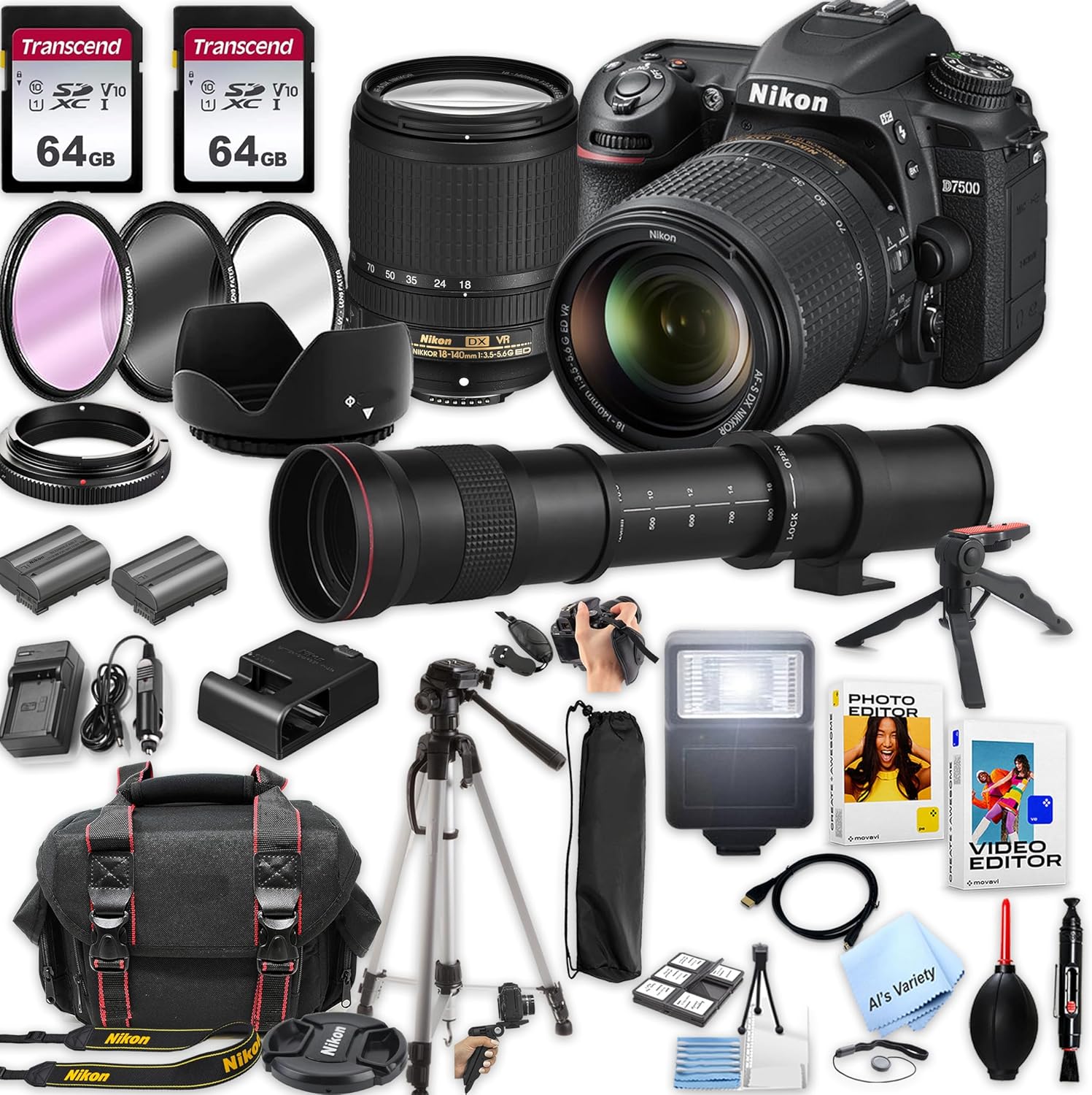 Nikon D7500 DSLR Camera Kit with 18-140mm VR Lens + 420-800mm Super Telephoto Lens + 128GB Memory, Spare Battery, Filters,Case, Tripod, Flash, and More (39pc Bundle), Black (Renewed)