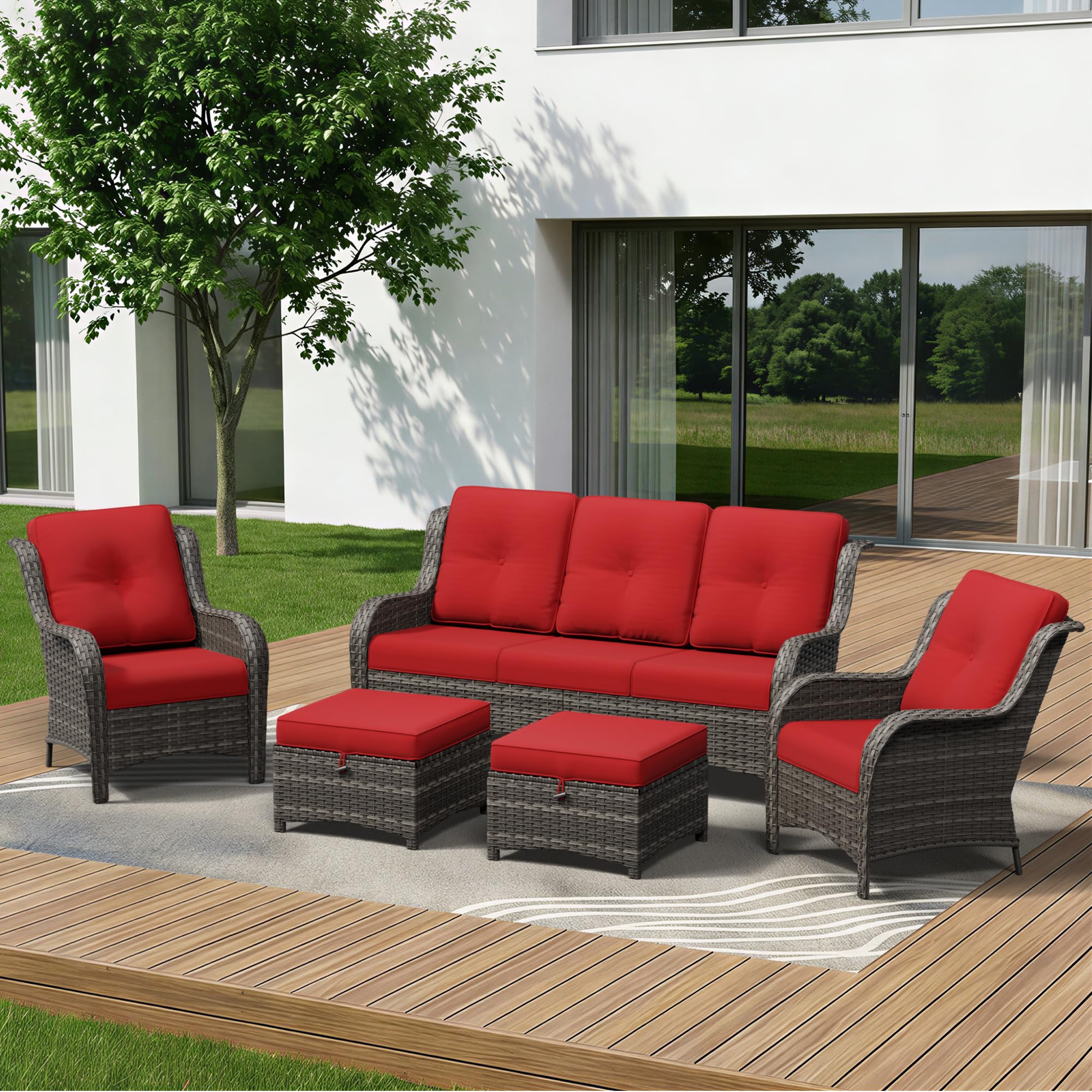 5 Piece Outdoor Wicker Patio Furniture Set, Patio Chairs Set with Thickened Olefin Cushions, High Back and Deep Seating, Hand-Woven PE Rattan, Ottoman for Porch, Deck