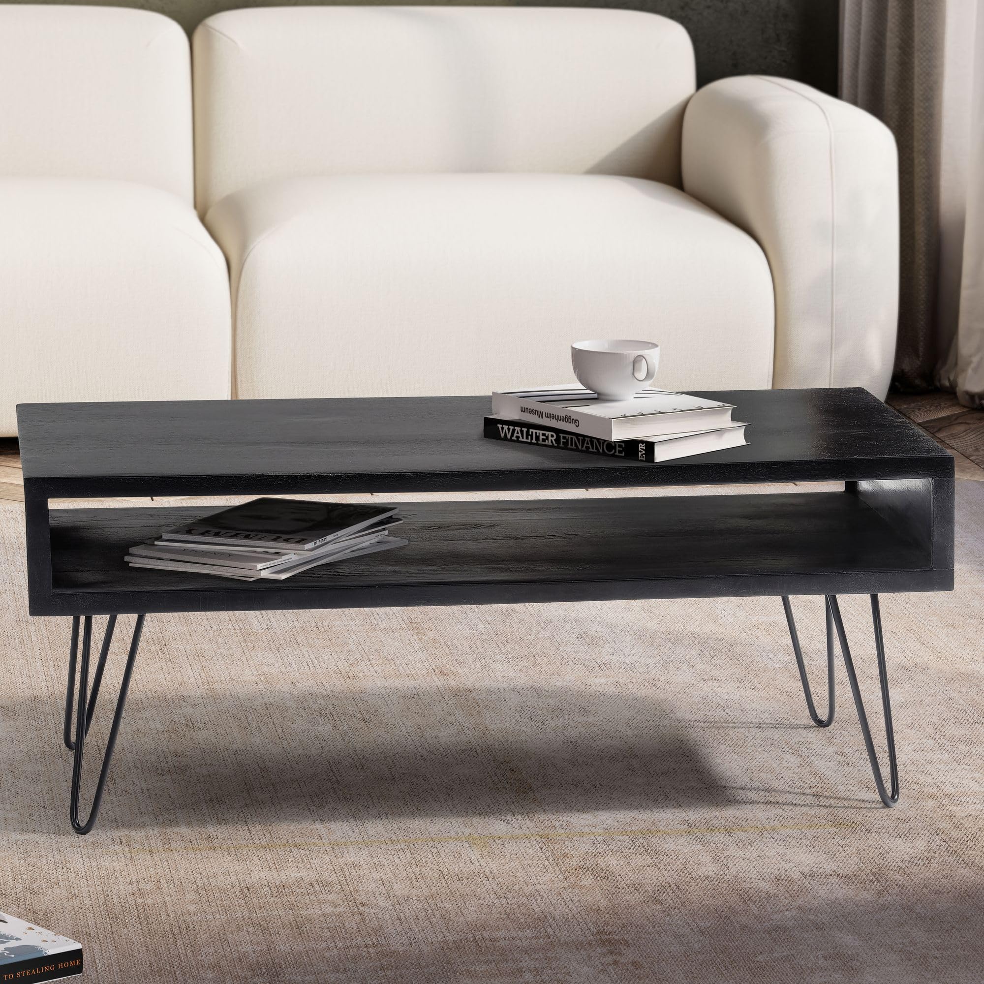 FineBuy Couchtisch 100x50x40 cm Mango Massivholz Schwarz, Hairpin | rechteckiger Wohnzimmertisch mit Ablagefach, Sofatisch aus Echtholz, handgefertigt, jedes Stück ein Unikat