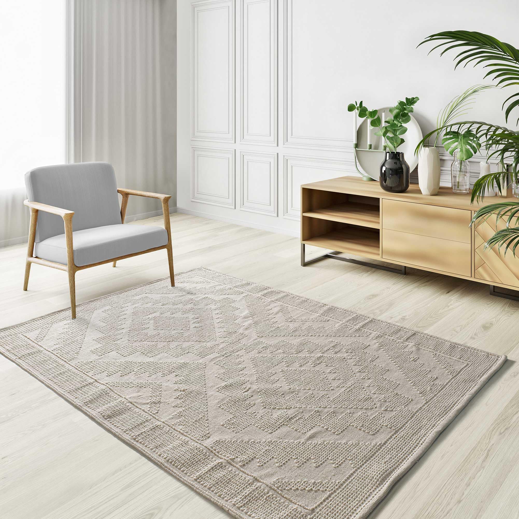Tapis tissé à Plat - Pamuk 1140 Crème - 160x230 cm | Tapis pour salon et chambre, Tissage à plat, Design Ethnique avec relief, Fibre naturelle Coton recyclé
