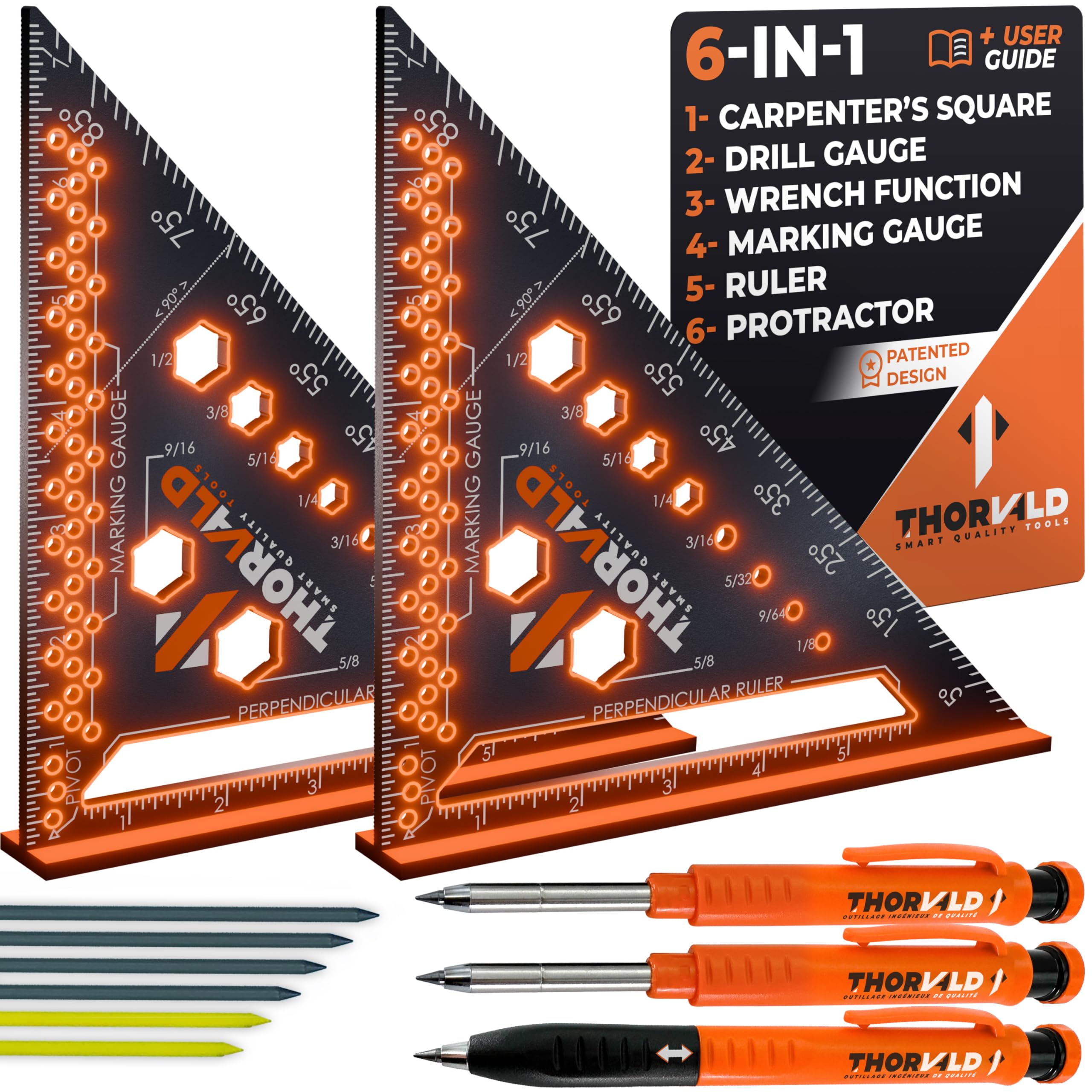 THORVALD 2 Carpenter Square 7 inch (1/16" Precision) + 2 Pencils + 12 Leads - T Square Multi-Purpose Carpenter Tools : Wrench, Protractor, Ruler, Marking Gauge, Drill Gauge, Carpentry Pencil