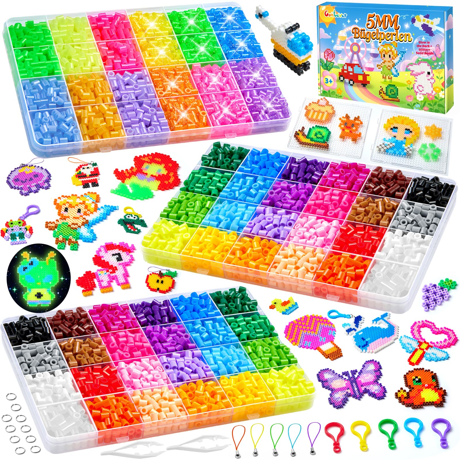 Contever 36 Farben Bügelperlen Set, Glitzer & Leuchtend im Dunkeln Bügelperlen,5mm Steckperlen mit Platten, Bügelpapier, Fuse Beads Kit Geburtstag Weihnachten Geschenk für Kinder Jungen Mädchen