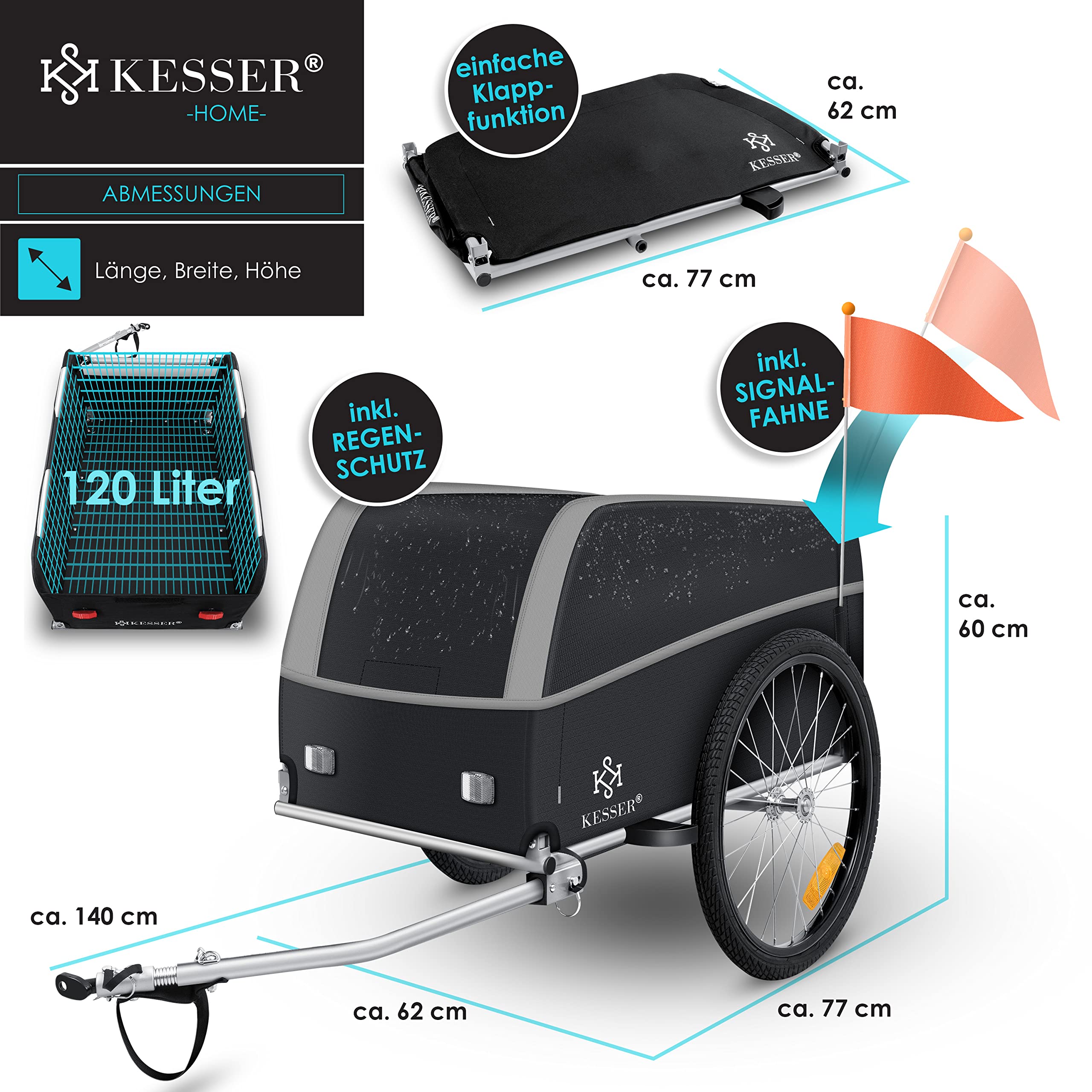 KESSER® Rimorchio per bicicletta, rimorchio per il trasporto con timone alto con frizione, inclusa copertura pieghevole, con timone alto, per bicicletta, con 120 litri, max. 40 kg
