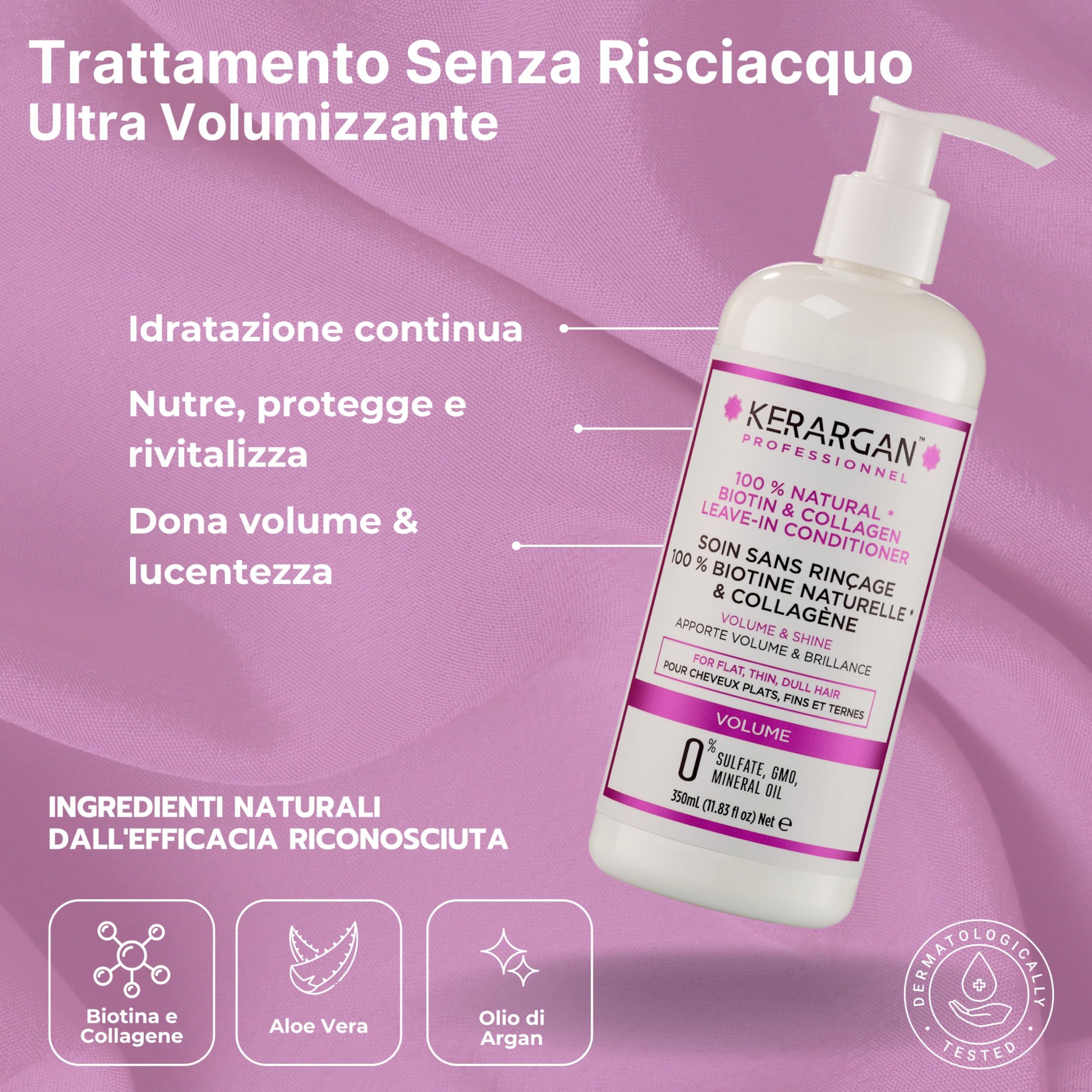 Kerargan - Set Volumizzante: Shampoo, Balsamo, Maschera, Siero & Leave-In alla Biotina & Collagene per Capelli Piatti, Fini e Opachi - Senza Solfati, OGM, Silicone - 3x500ml+1x100ml+1x350ml | Cinque trattamenti con biotina e collagene per detergere, distr