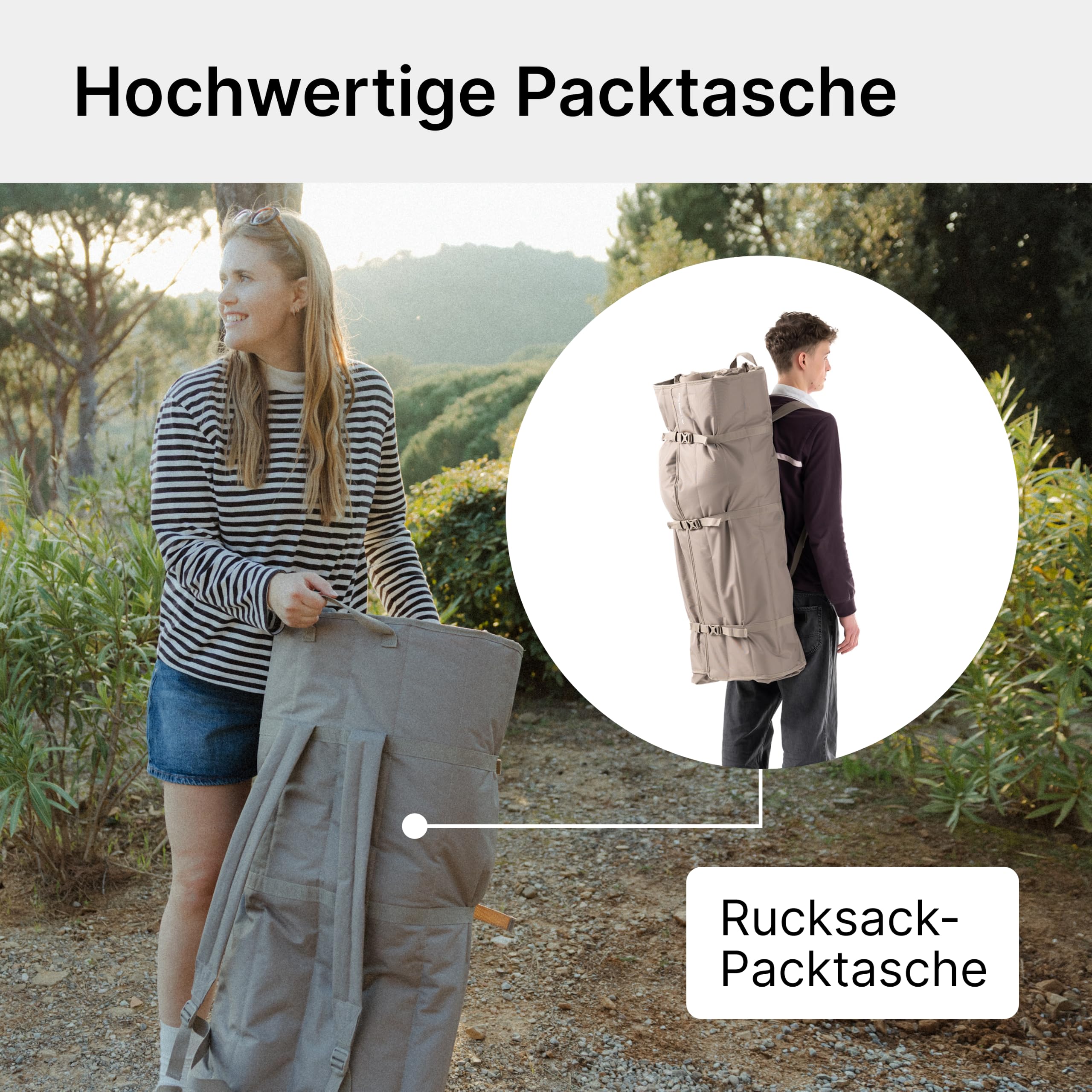 qeedo Johnny Cozy Faltbarer Campingbank gepolstert mit Cozy Bezug – Sofa-Feeling für 2 Personen – Rucksack-Packtasche – bis 300 kg belastbar