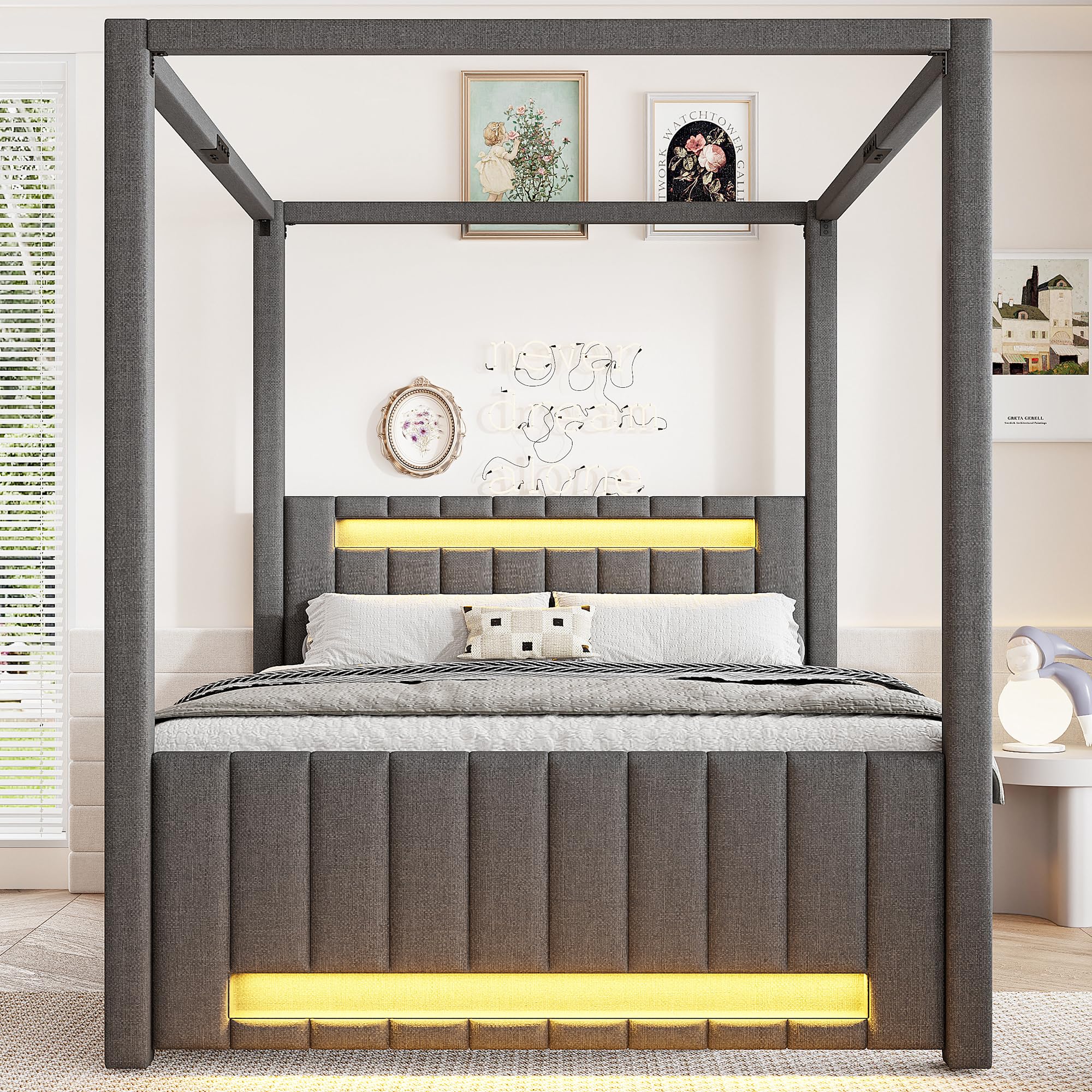 Polsterbett mit LED-Streifen, Stauraum, Lattenrost, Kopfteil, Schubladen und Ausziehbett, Doppelbett, Himmelbett, Leinen (schwarz, 140x200 cm)