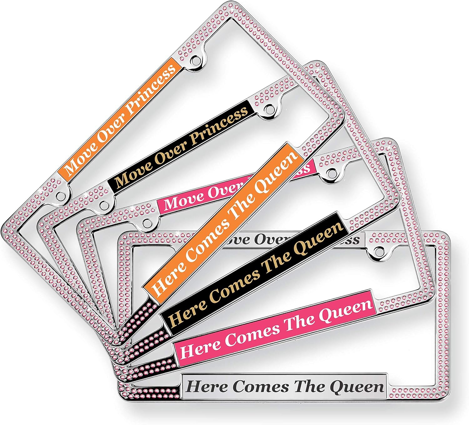 Crystals, Bling - Personalized with Custom Text Design Laser Engraved Standard Size - Car Chrome Metal License Plate Frame with Pink Crystals & Free caps - White/Black (Qty: 1 Frame)