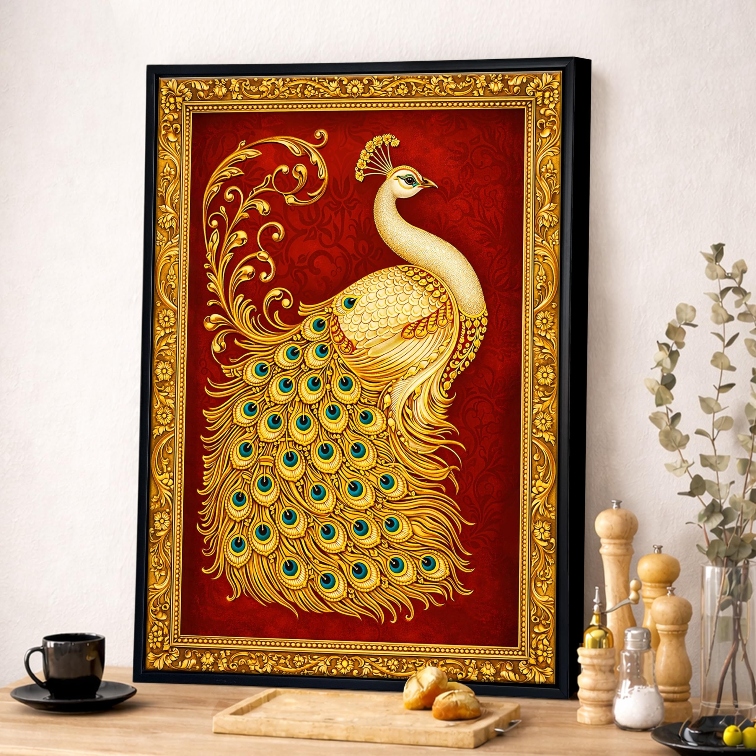 Tanjore Golden Peacock Framed Canvas Painting for Living Room Wall Decor, Holy Peacock Vastu Framed Canvas Wall Art for Vastu Place Bedroom Home Hallways Office Hotel, Size 43x58 cm-image-29
