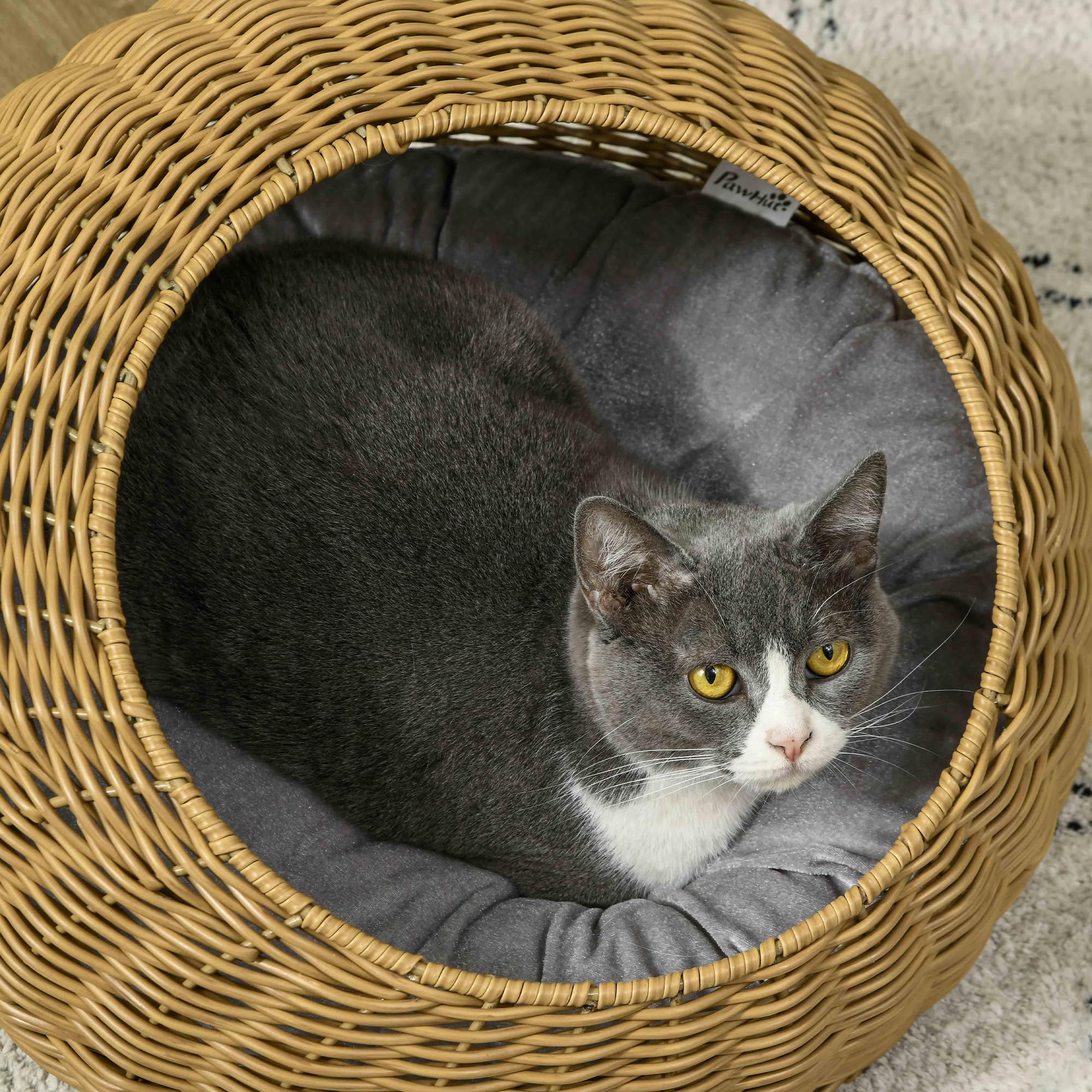 PawHut Rattan Cat Cave 2-in-1 Design Cat Bed with Cushion, Cat Bed, Cat Cabin, Pet Bed, Water, Hyacinth Grass, Paulownia Wood, Light Brown Grey, 44 x