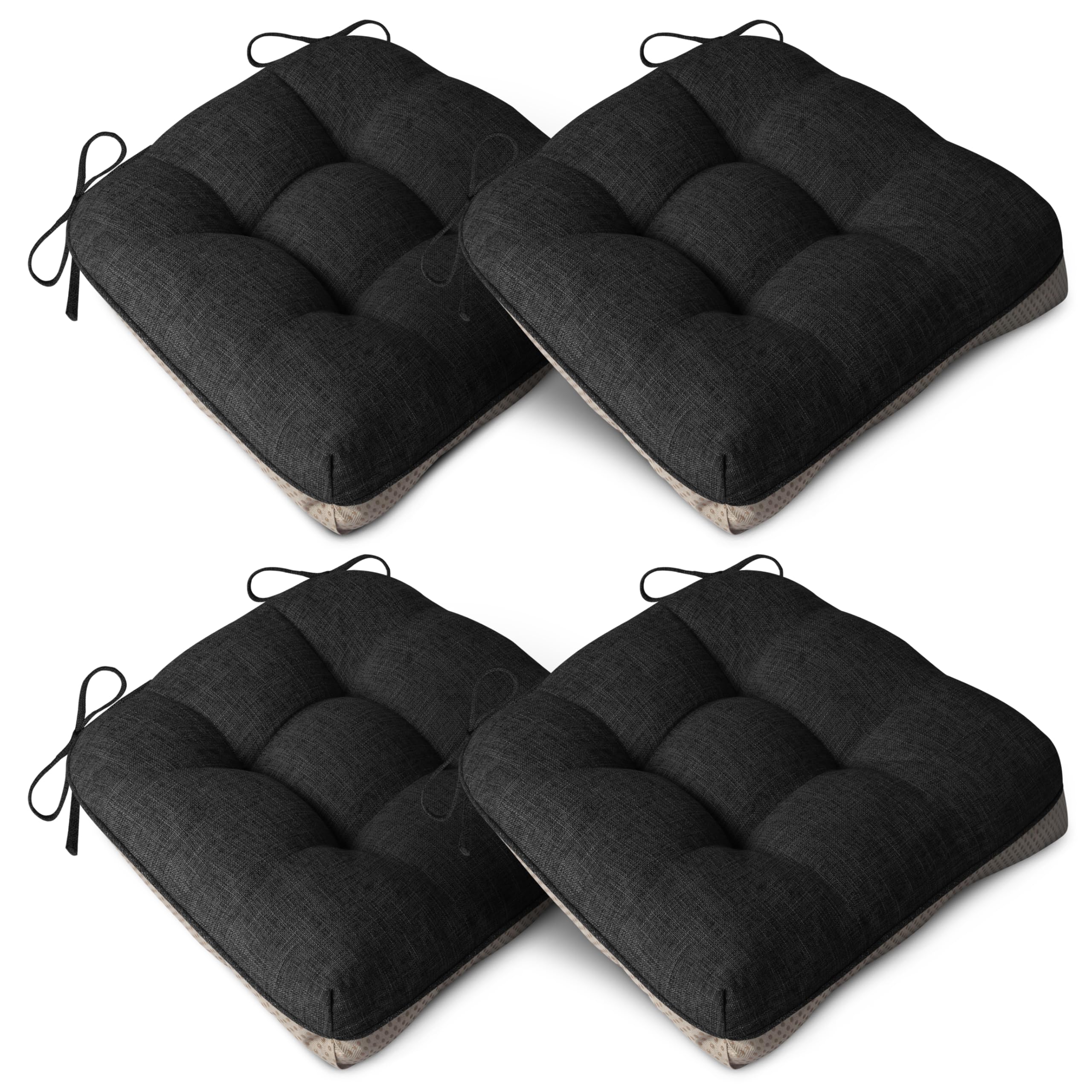 AddGrace Extra Thick Chair Cushions for Dining Chairs Set of 4 Non-slip Kitchen Chair Pads Soft Dining Room Seat Cushion with Ties 16" x 16" x 4" Black