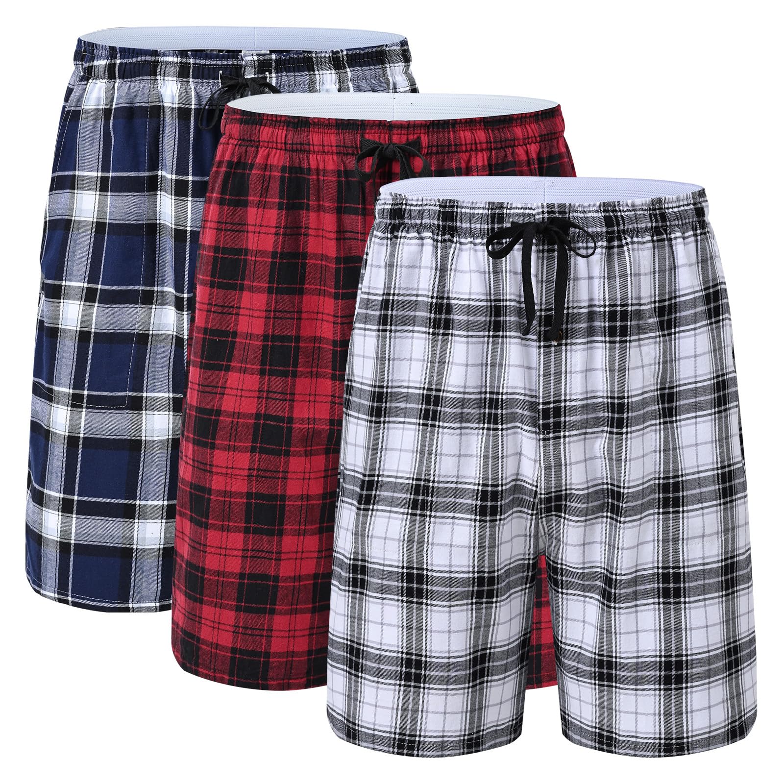 Huayuzh Schlafanzughose Herren Kurz Pyjama Baumwolle 3er Pack Kariert Schlafhose Weich Atmungsaktiv Taschen Knopfleiste