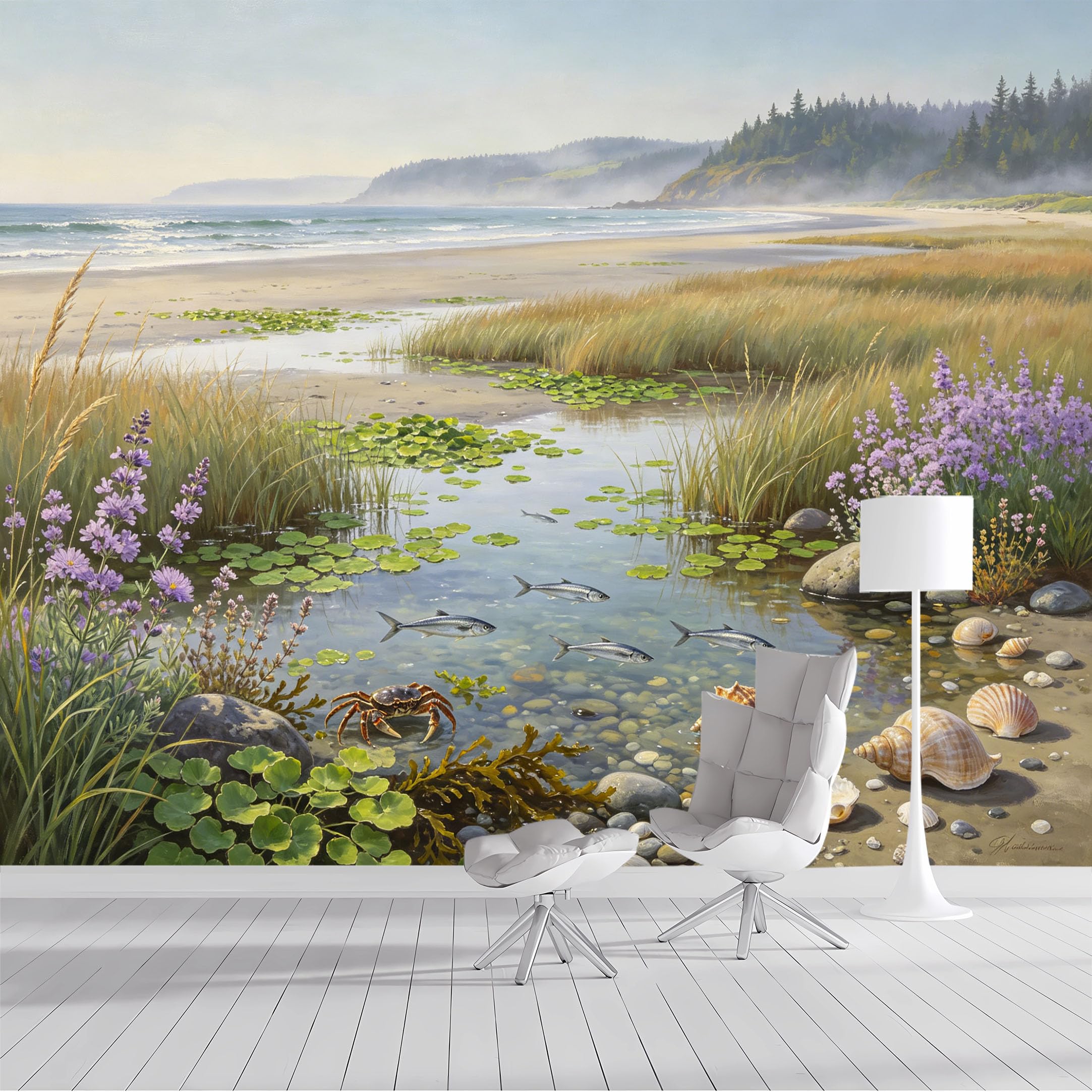 Custom Size Wall Mural Coastal Seaside Beach Landscape Ocean View Watercolor Painting SelfAdhesive Wall Fabric Removable Peel and Stick Wallpaper Wall Decor for Living Room Bedroom Bathroom