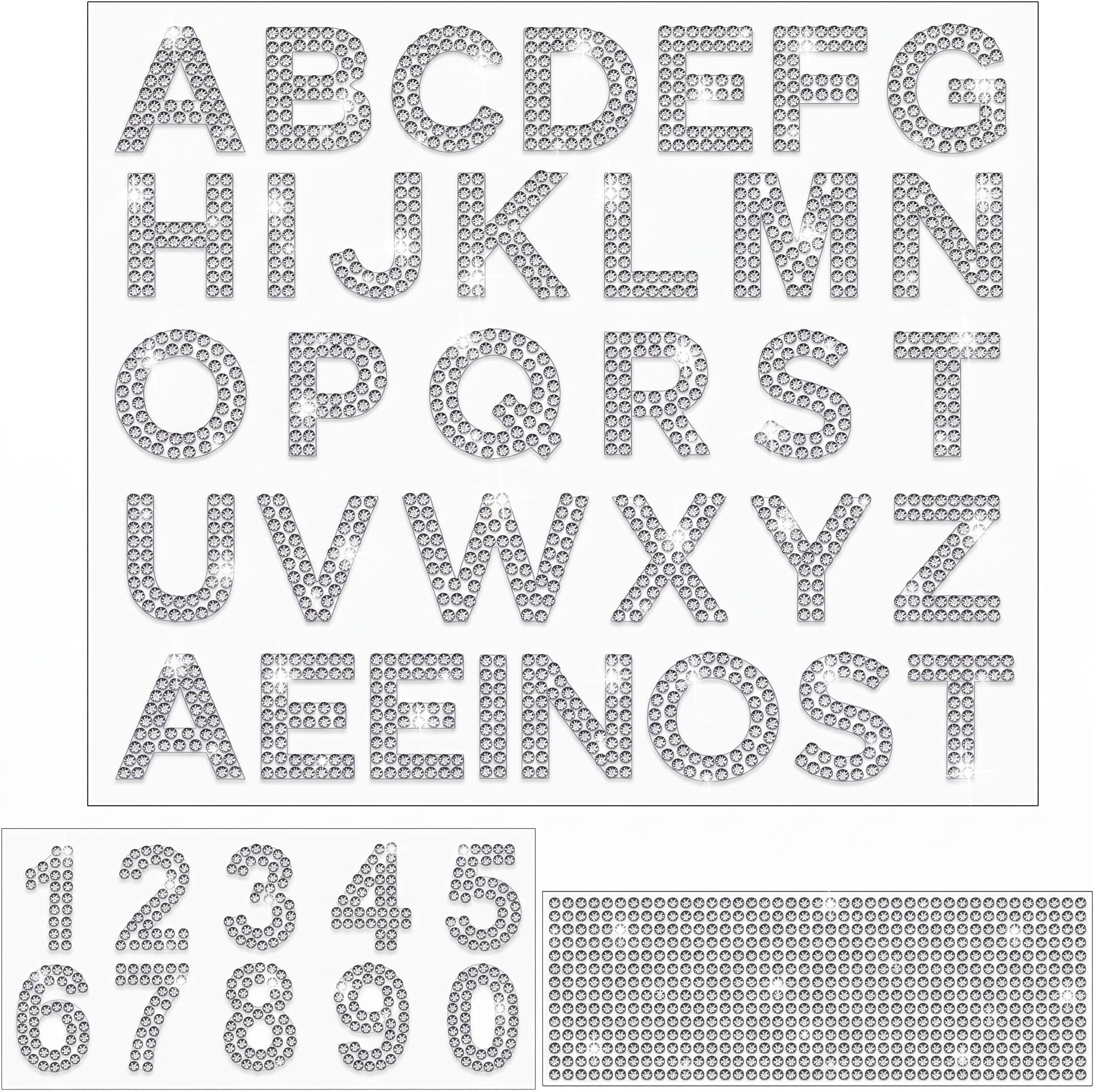 Waydress 3 Sheets Glitter Letter Rhinestone Letter Stickers, Silver | Sparkle Rhinestone 34 Letters 10 Numbers with Border, Self-adhesive for DIY Crafts, Cups, Cards, Party Decoration
