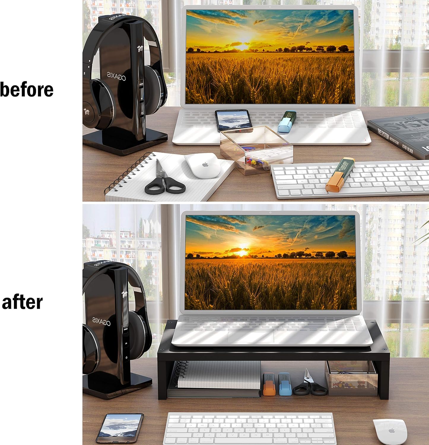 BAMEOS Monitor Stand Computer Riser Desk Organizer Stand Desktop Printer Stand for Laptop Computer Storage Shelf & Screen Holder 16.5 inches with Cable Management Phone Holder