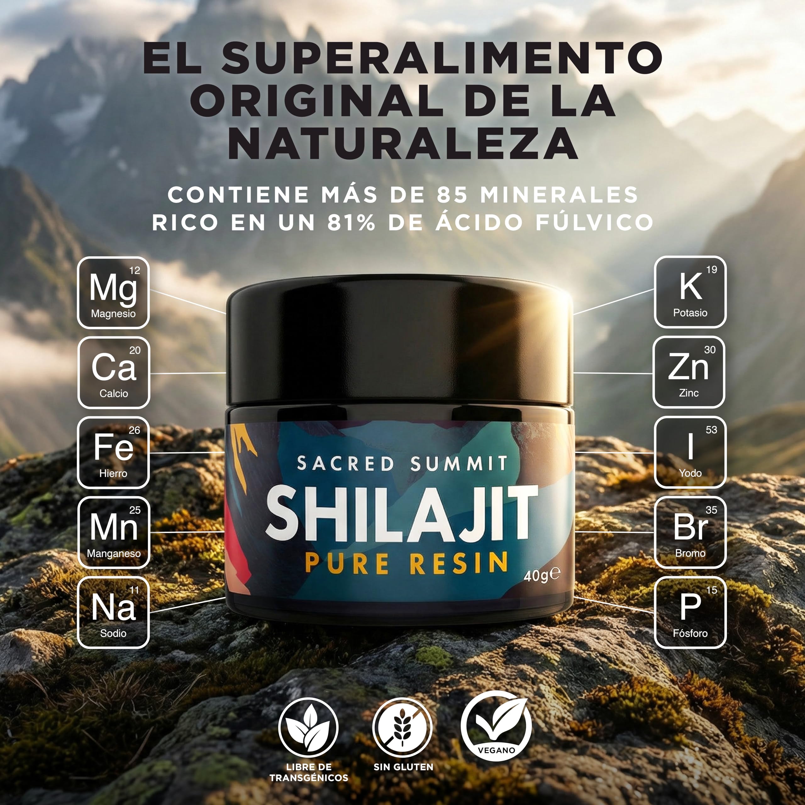 Resina de Shilajit Dorado 40g – 81% Ácido Fúlvico, B12 & Minerales – Energía, Enfoque & Resistencia – Vegano, Probado en Laboratorio – Suministro de 3 Meses