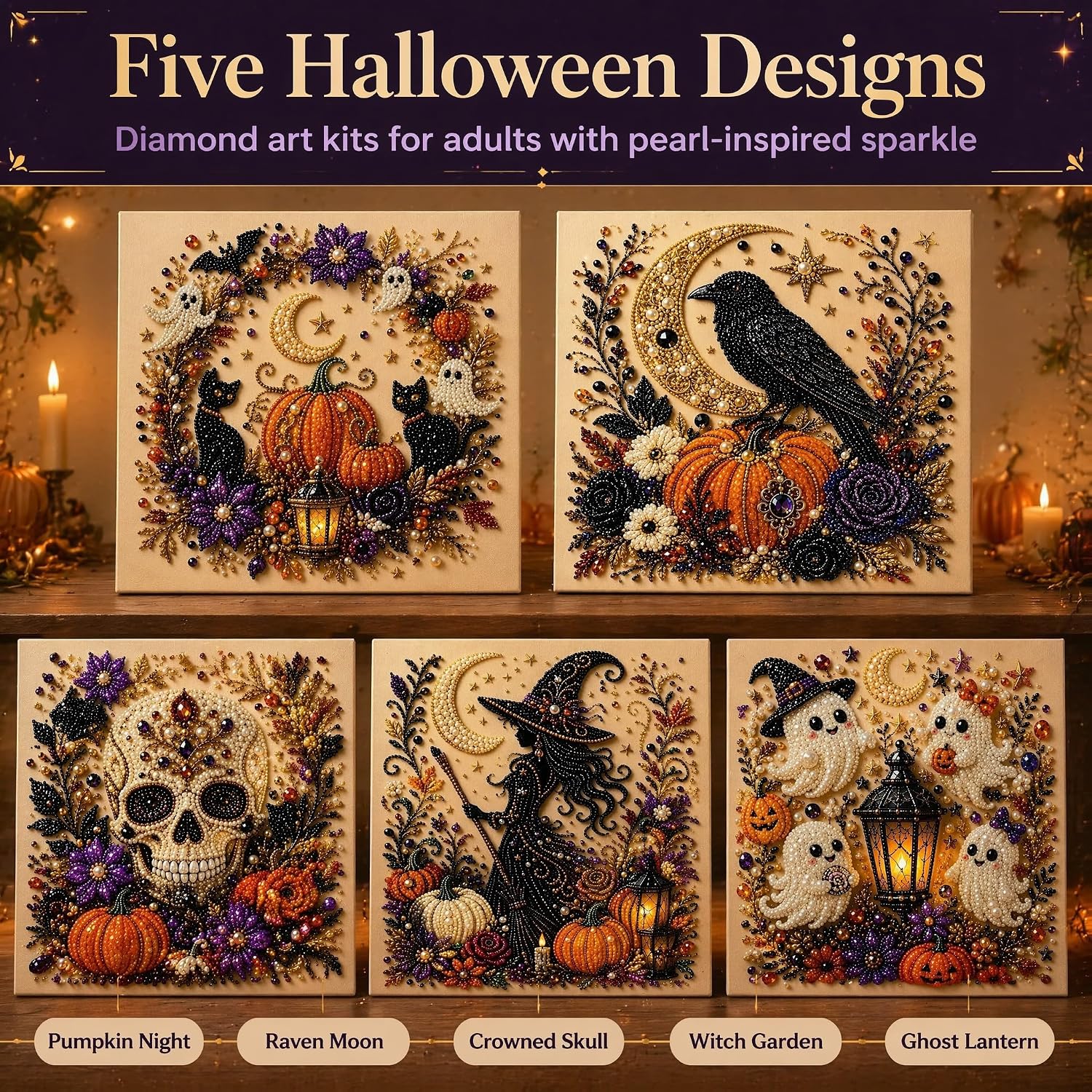 Halloween Ghost DIY Diamond Painting Kit, Cute 3D Crystal Bead Art for Adults, Beginner Friendly Diamond Art Kits for Adults, Fall Wall Decor DIY Craft Gift for Seasonal Party. (Pearl C)