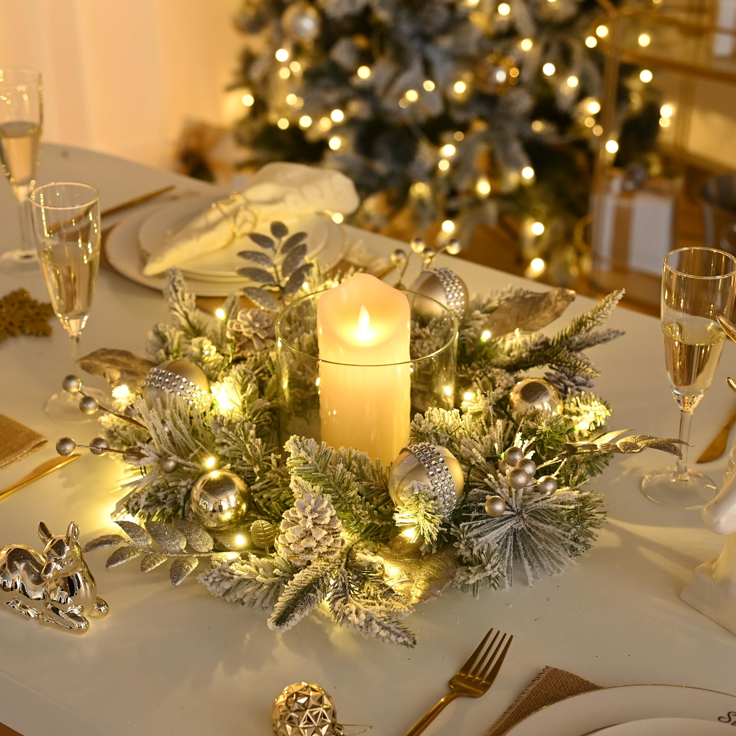Valery Madelyn 16 Zoll/40CM Weihnachtskranz türkranz Weihnachten, haustür weihnachtskranz Weiß Gold, Adventskranz mit 20 LEDs Timer und Tannenzapfen Weihnachtskugeln für Weihnachtsdeko Feste Advent