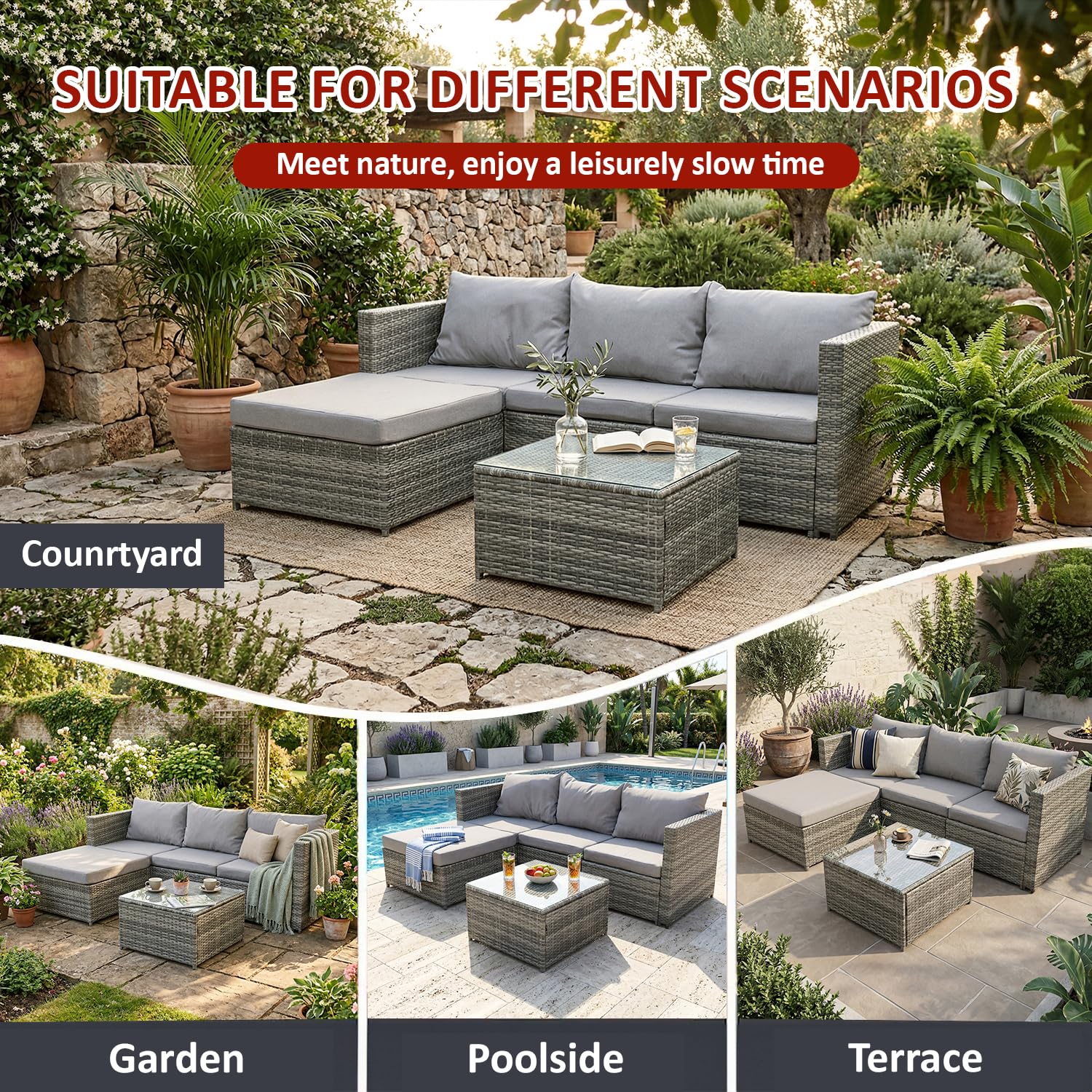 COZYBRITE Garden Corner Sofa Rattan Furniture Set 4 Seater Patio Outdoor Lounge Settee with Glass Coffee Table All-weather SFS066 (Mix Grey Rattan+Grey Cushion) — view 6