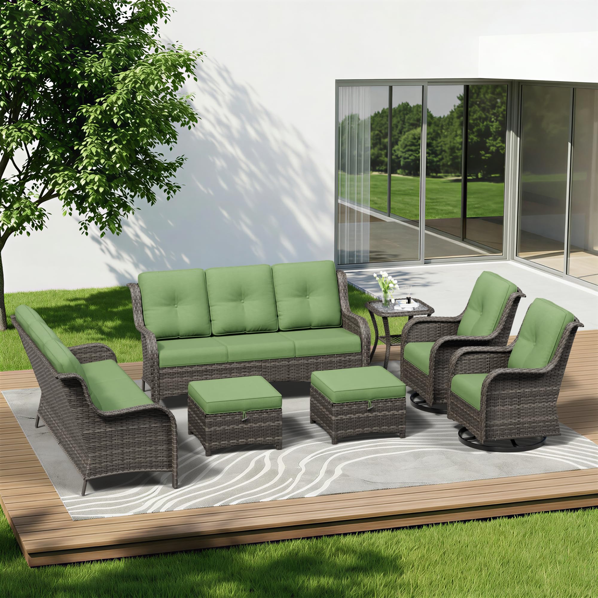 7 Piece Outdoor Wicker Patio Furniture Set, Outdoor Swivel Rocker Patio Chairs Set with Thickened Olefin Cushions, High Back and Deep Seating, Hand-Woven PE Rattan for Porch, Deck