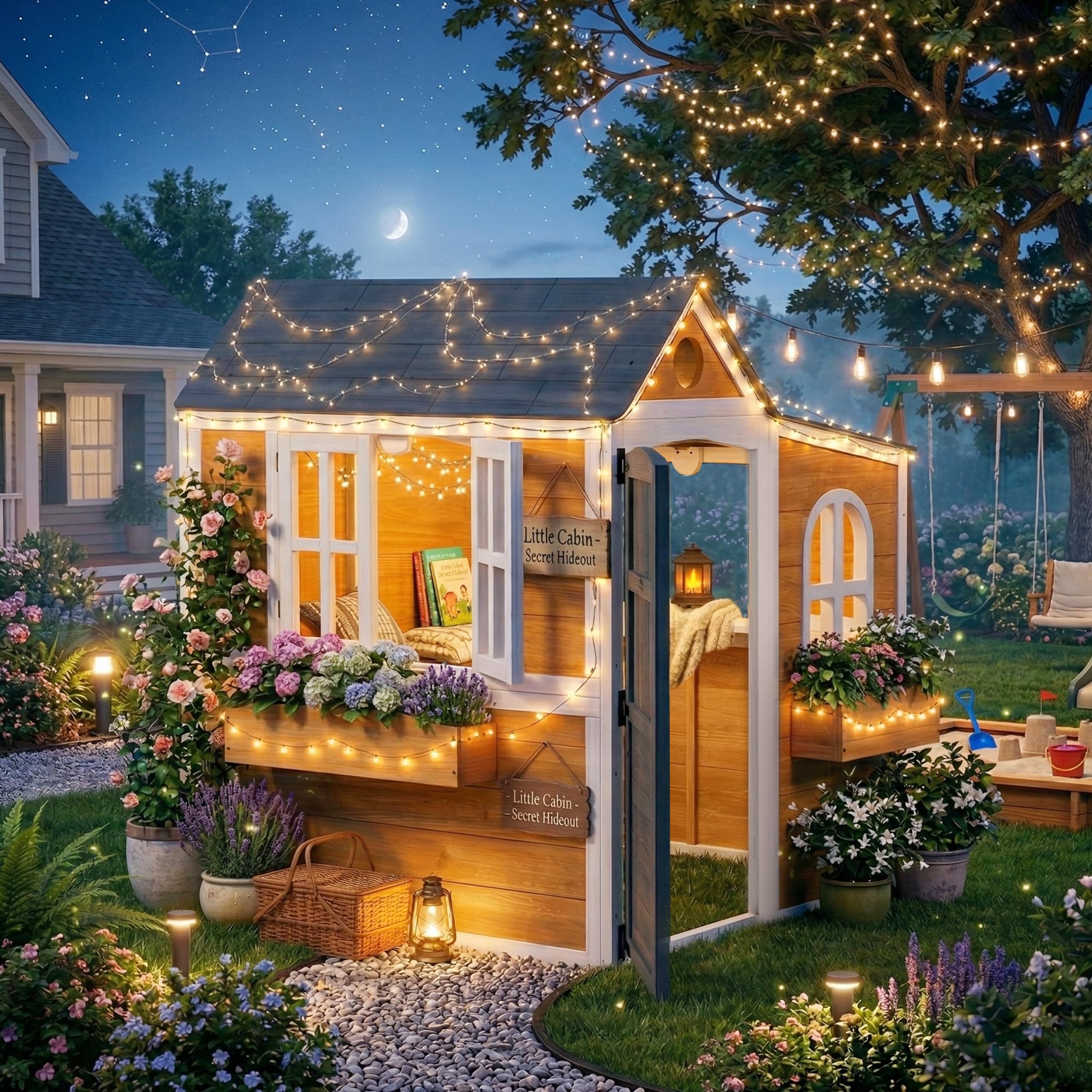 AIYAPLAY Kinderhütte für den Außenbereich, Holz, 3-6 Jahre, 125,5 x 119 x 126 cm, Gelb | Kinderhaus für Außen/Innen, Tür, Fenster, 3 Blumenkästen, wetterfest, Spielhaus