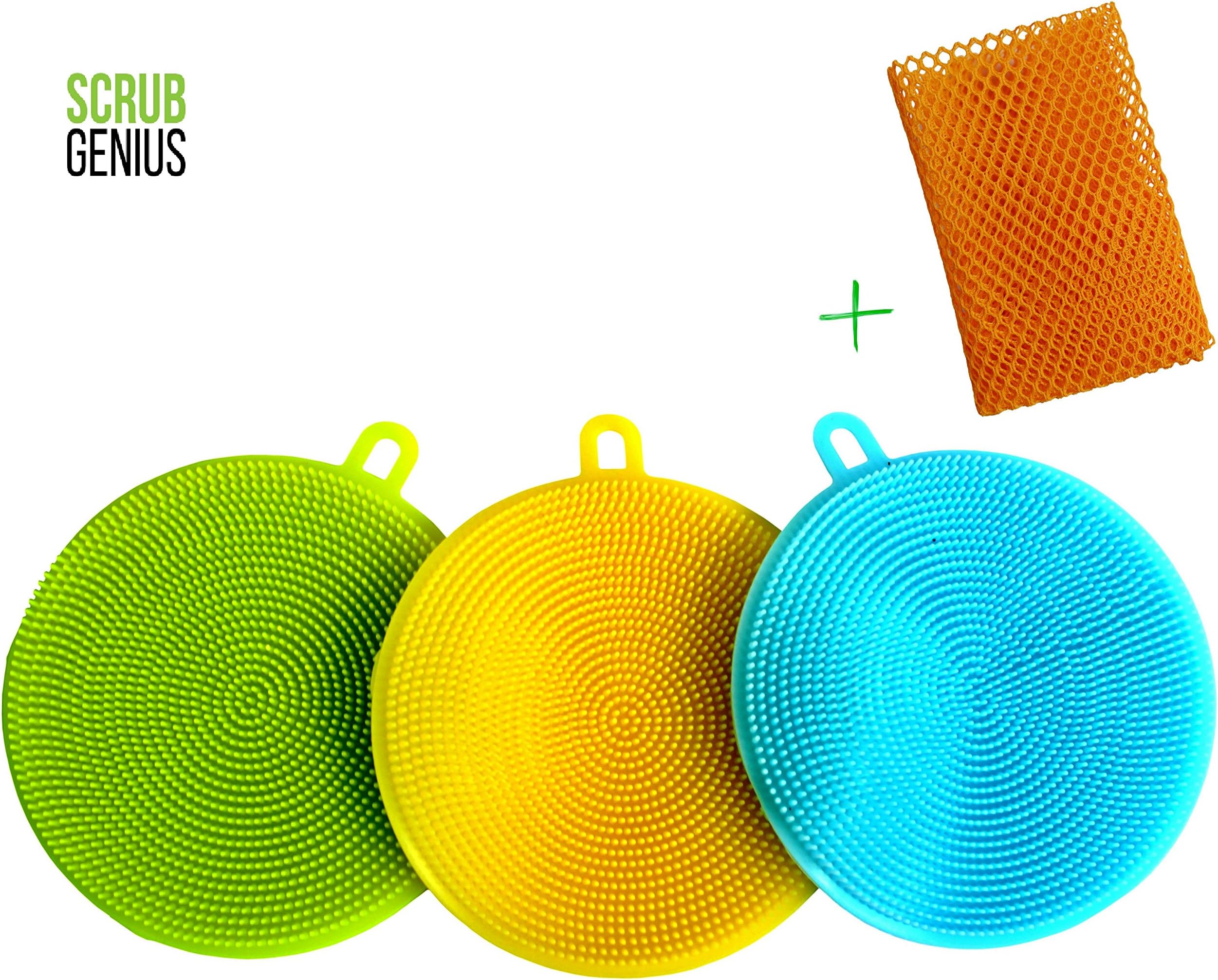 ScrubGenius Silicone Dishwashing Scrubber | Food-Grade Non-Stick Antibacterial Washing Up Sponge | Pack of 3 (Yellow+Blue+Green) with Bonus Net Cloth Scourer