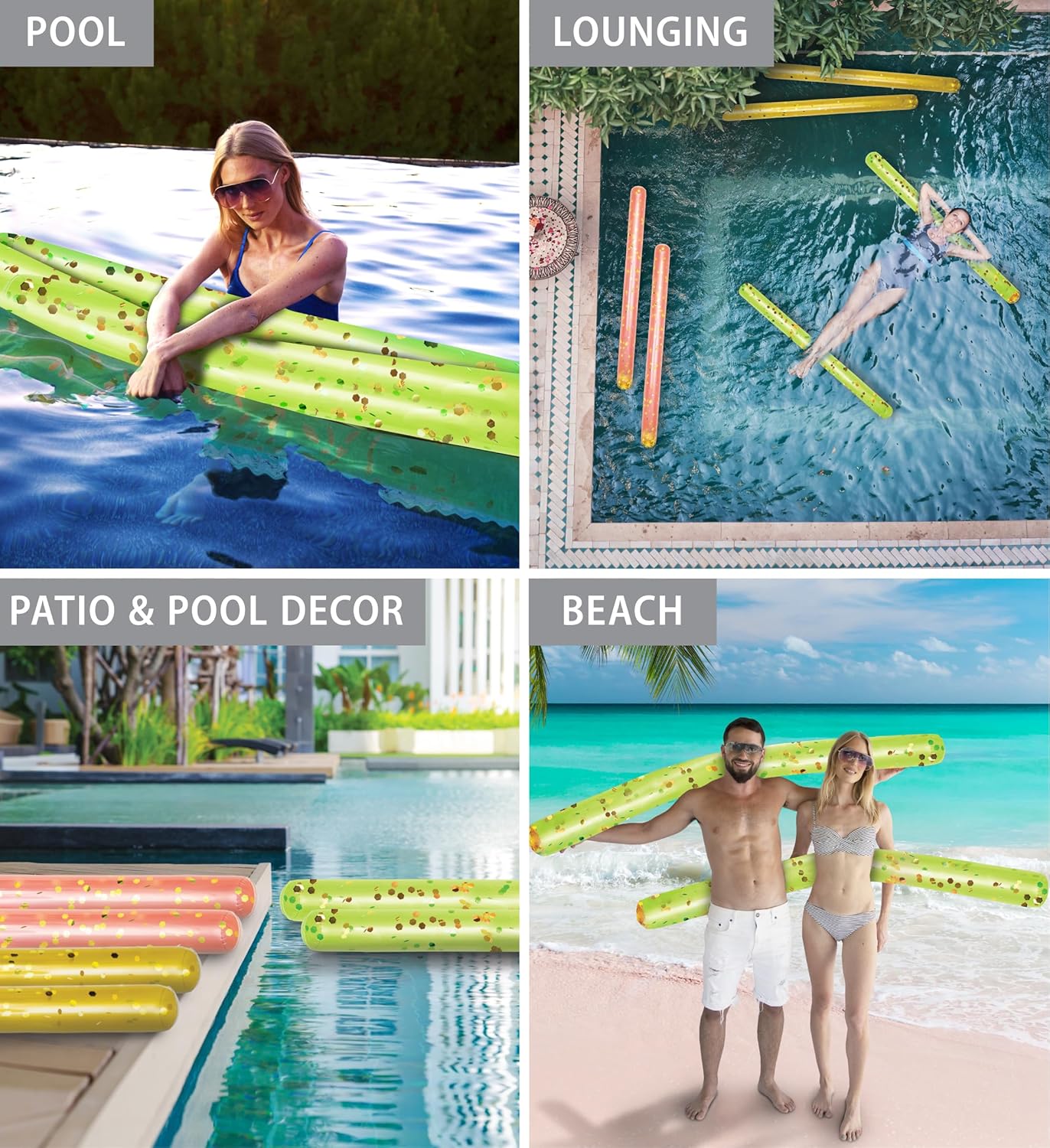 POZA 2 Pack Inflatable Jumbo Pool Noodles Floats - Premium Luxurious 74 Inch Giant Water Floating Noodles Filled with Sparkle Confetti, Pool Float for Swimming Pool, Beach & Lake
