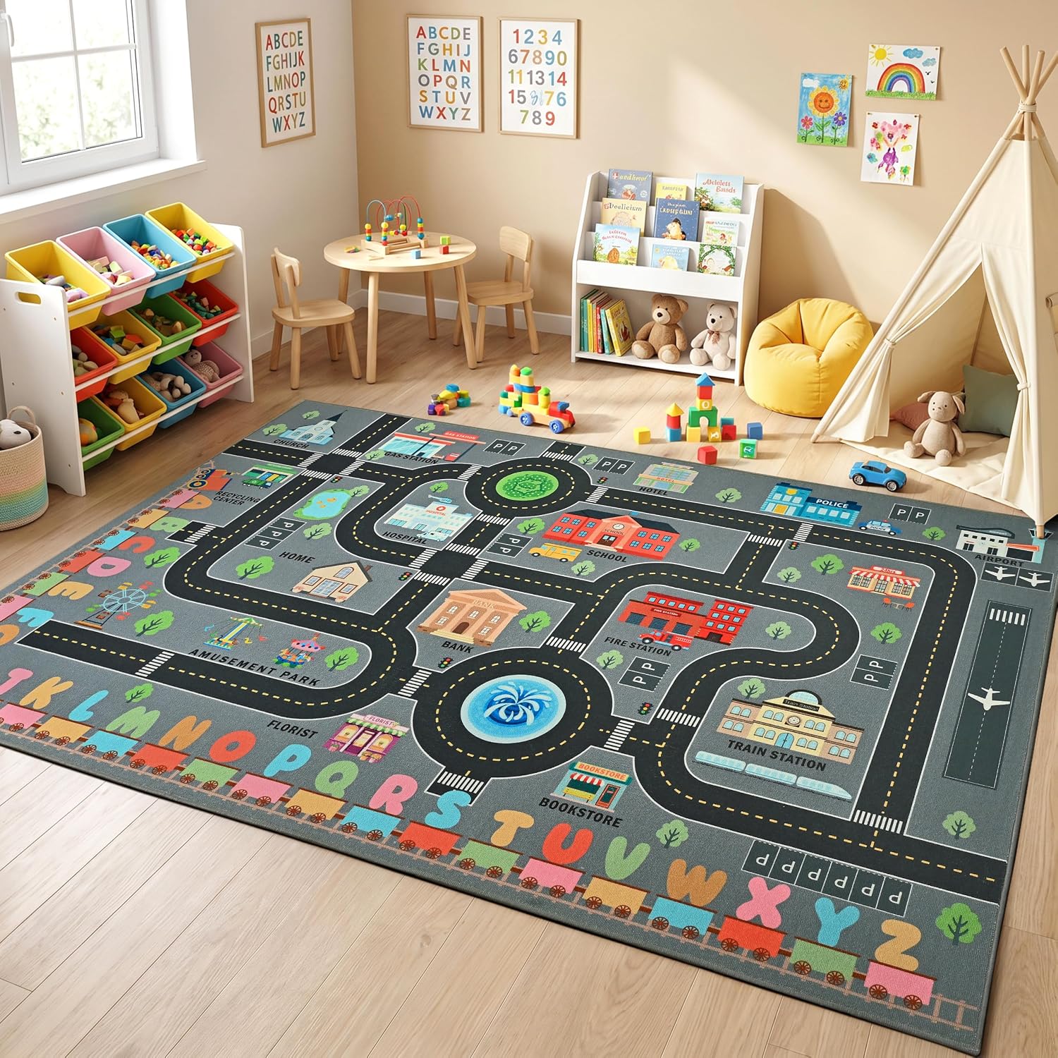 Keeko Kids Rug 5'x7', Non-Slip Washable City Road Car Track Playmat, Educational Town Traffic Map Area Rug for Playroom,Nursery，Classroom, Bedroom, Soft Play Rug for Toddler Boys and Girls