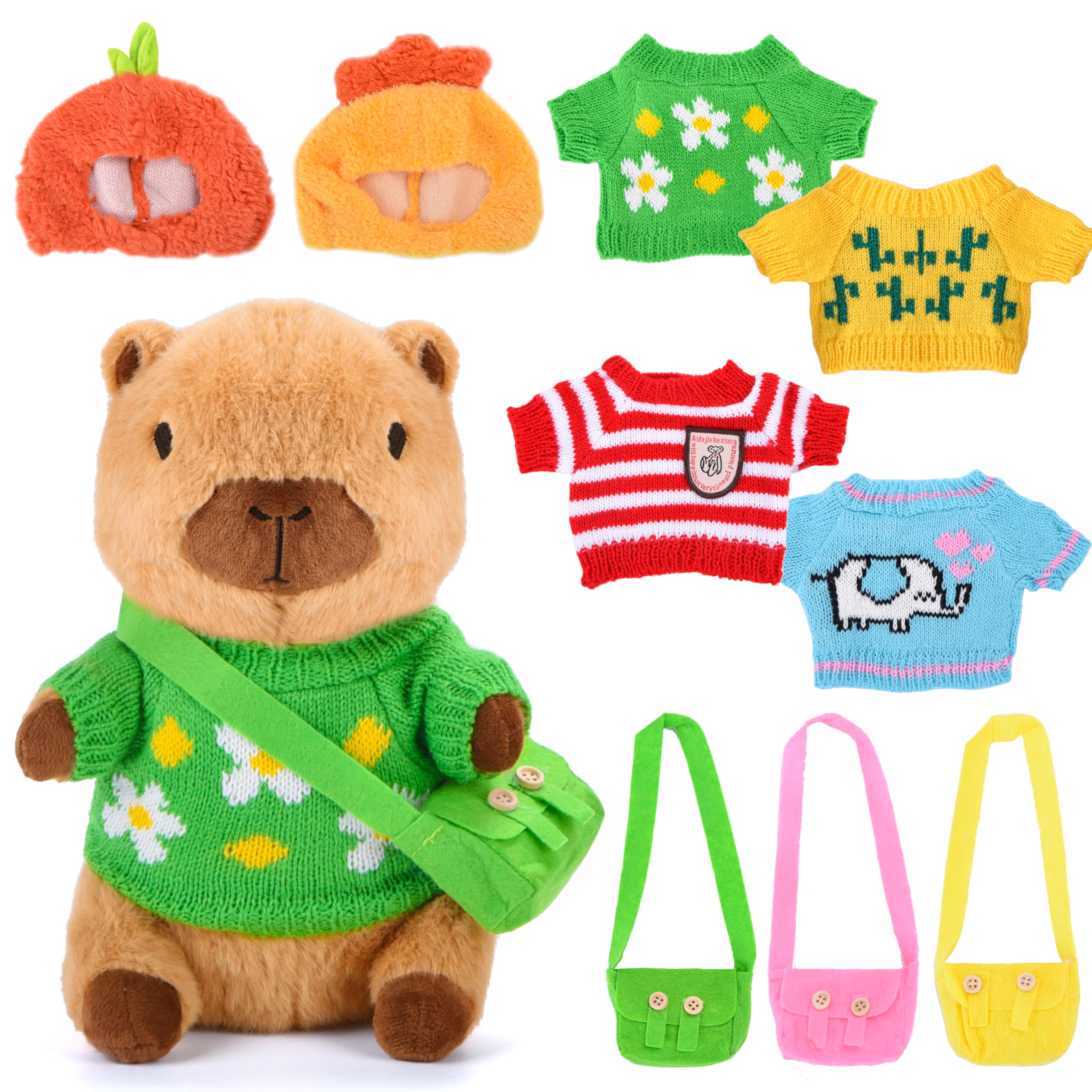 Charmofun Capibara Peluche, Peluche Capibara con Vestiti e Accessori, Cuscino Capybara da 25cm, Simpatici Peluche Capybara, Simulazione Animale Giocattoli, Regalo per Ragazzi e Ragazze (Marrone)