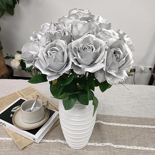 Miniatura 115 de ATFL 12 rosas artificiales de seda con flores de color rosa, rosas artificiales a granel, diámetro floral de 4 pulgadas, rosa artificial de seda