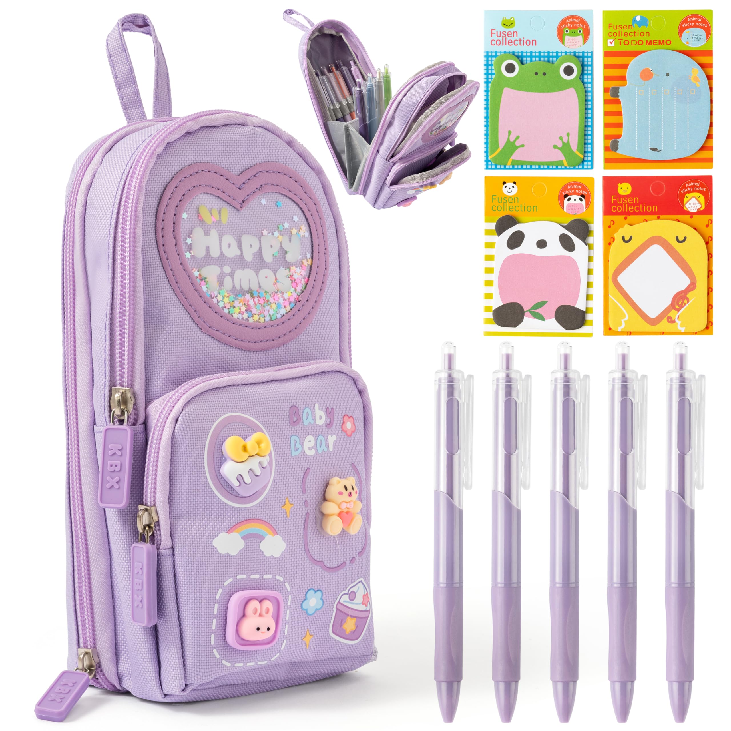 YINGENIVA Pencil Case for Girls Backpack Shaped Stationery Set with Compartments, Large Capacity Pouch for School Supplies, Includes 5 Pens 4 Animal Sticky Note Pads for Kids Back to School, Purple