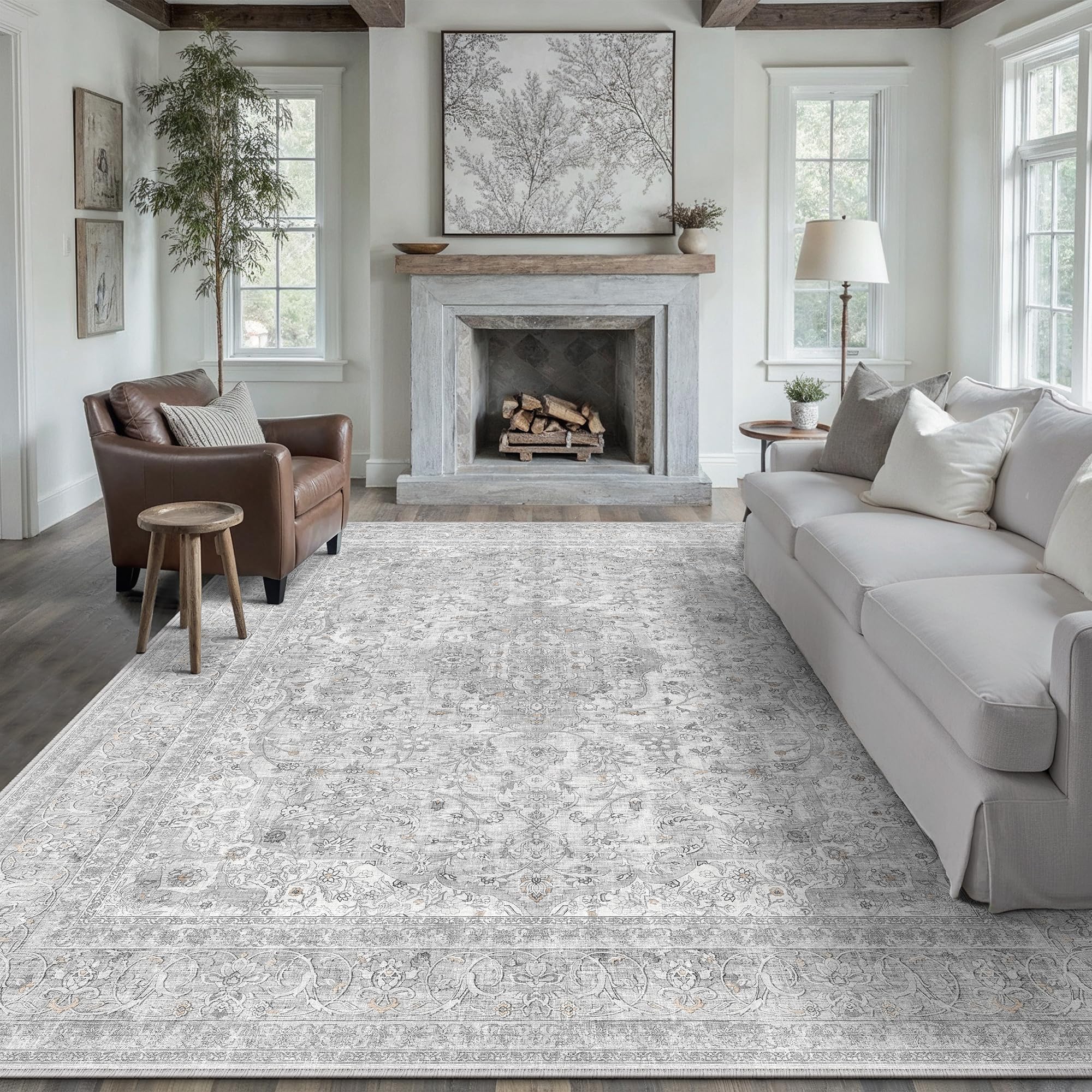 PureCozy Vintage Living Room Area Grey Rug, 240x300cm Machine Washable Non Slip Traditional Extra Large Cream Rugs for Bedroom Dining Room Office, Stain Resistant Printed Carpet for Indoor Home Decor