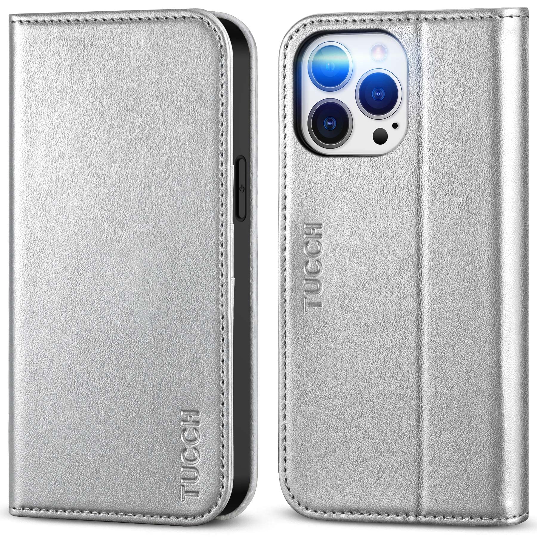 TUCCH TPU Leather Flip Case with Card Slots Compatible with iPhone 14 Pro Max (Shiny Silver)