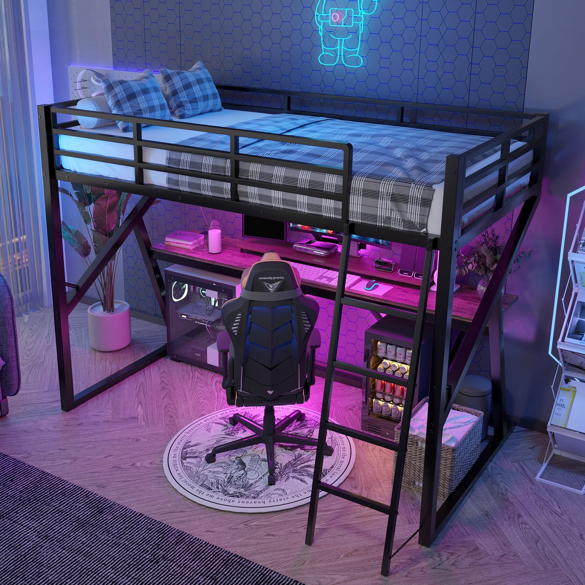 Cama alta con escritorio juvenil de metal negro litera individual con luces LED