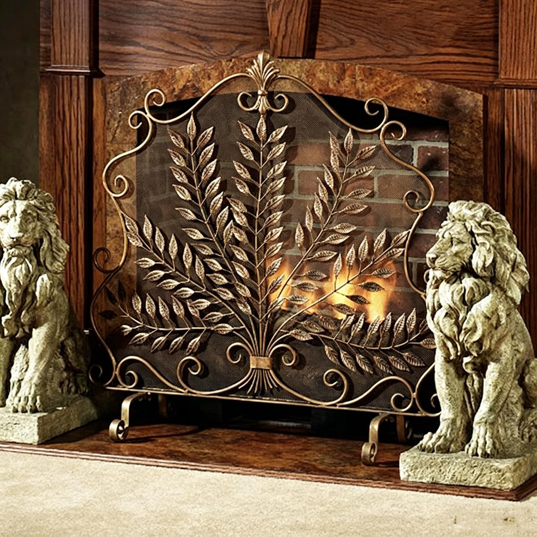 JNTFNE Single Panel Fireplace Screen With Leaf Pattern, Wrought Iron Fire | for Wood Burning Stove, Antique Gold Fireguard with Vintage Indoor Outdoor Sp