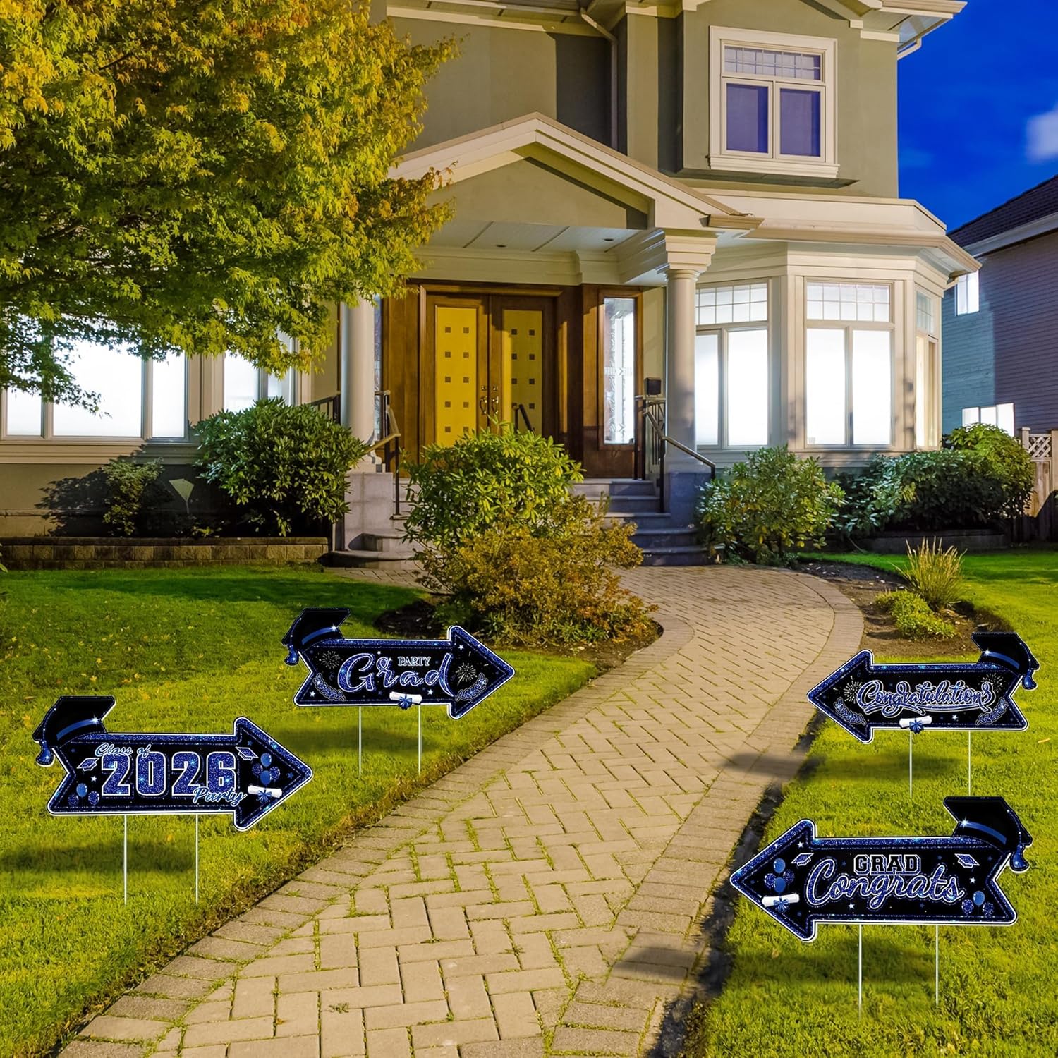 10 Pack 2026 Graduation Party This Way Yard Sign Arrow 16.5 x 8 Inch Black Blue Double Sided Printed Directional Yard Sign with Stakes Graduate Party Sign for Outdoor Graduation Party Supply