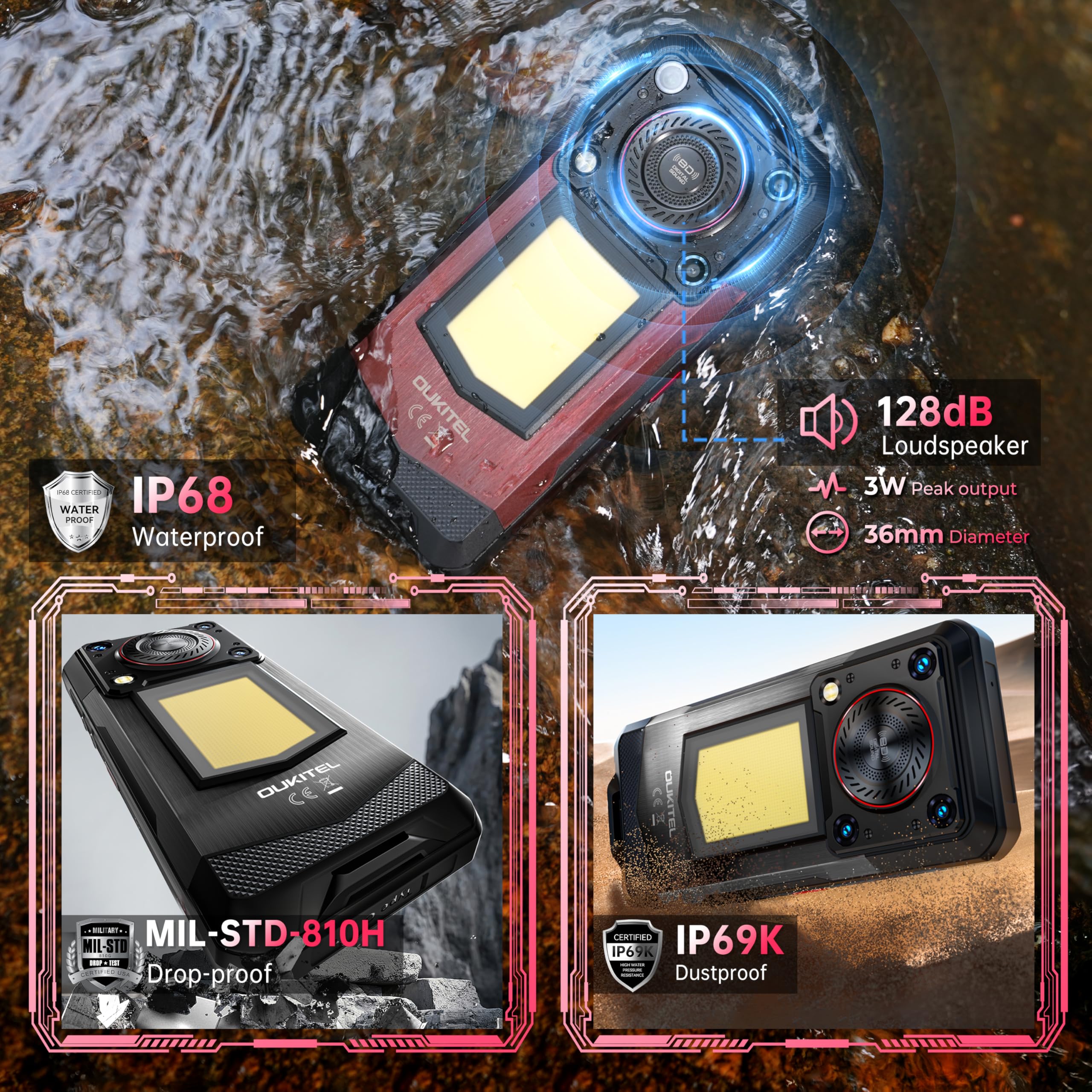 OUKITEL WP56 5G Rugged Smartphone Unlocked - 36GB+512GB/2TB Android 15 Rugged Phone,16000mAh Battery, 1000-Lumen Camping Light, 6.8" FHD+ 120Hz,108MP Camera,128dB Loud Speaker Waterproof, NFC/GPS/OTG