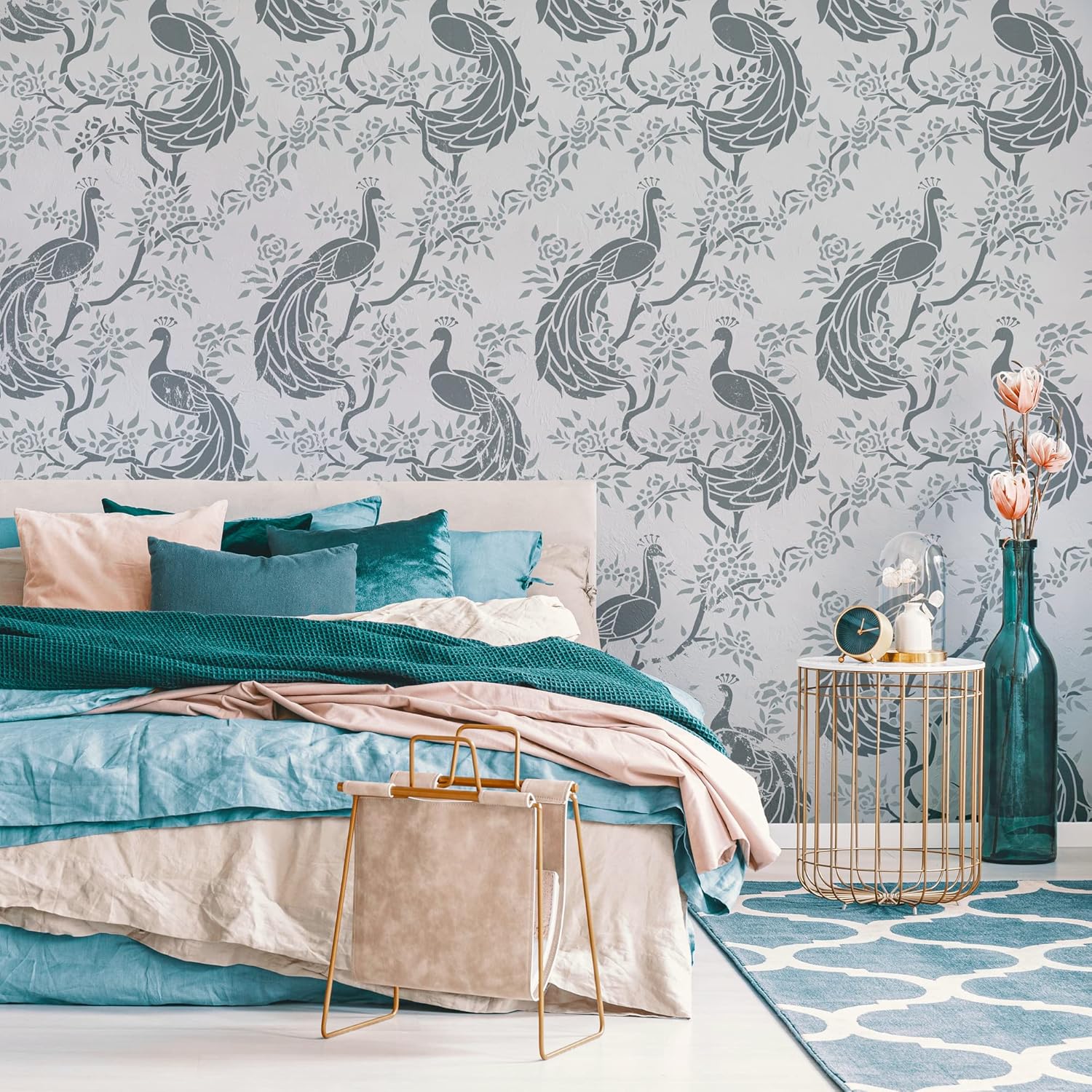 NAKLEO Reusable Plastic Wall Stencil - 59x95cm / 23” x 37” - Chinoiserie Royal Peacock - Large Seamless Allover Repetitive Wallpaper Pattern Painting DIY Craft Template