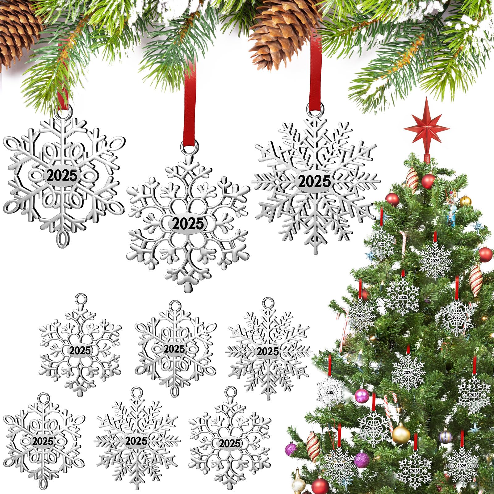 Flocon de neige de Noël en métal argenté Hotop pour sapin chic (24 pcs)