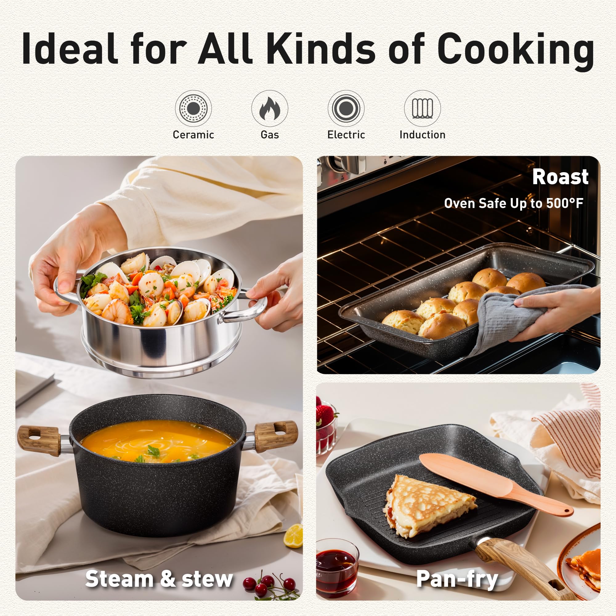 Kitchen Academy 30-teiliges Topfset Induktion, Granit Topf Pfannen Set | Antihaft-Kochgeschirr, Kochtopfset für alle Herdarten, schnelle Hitzeverteilung, 100% PFOA- und PFOS-frei