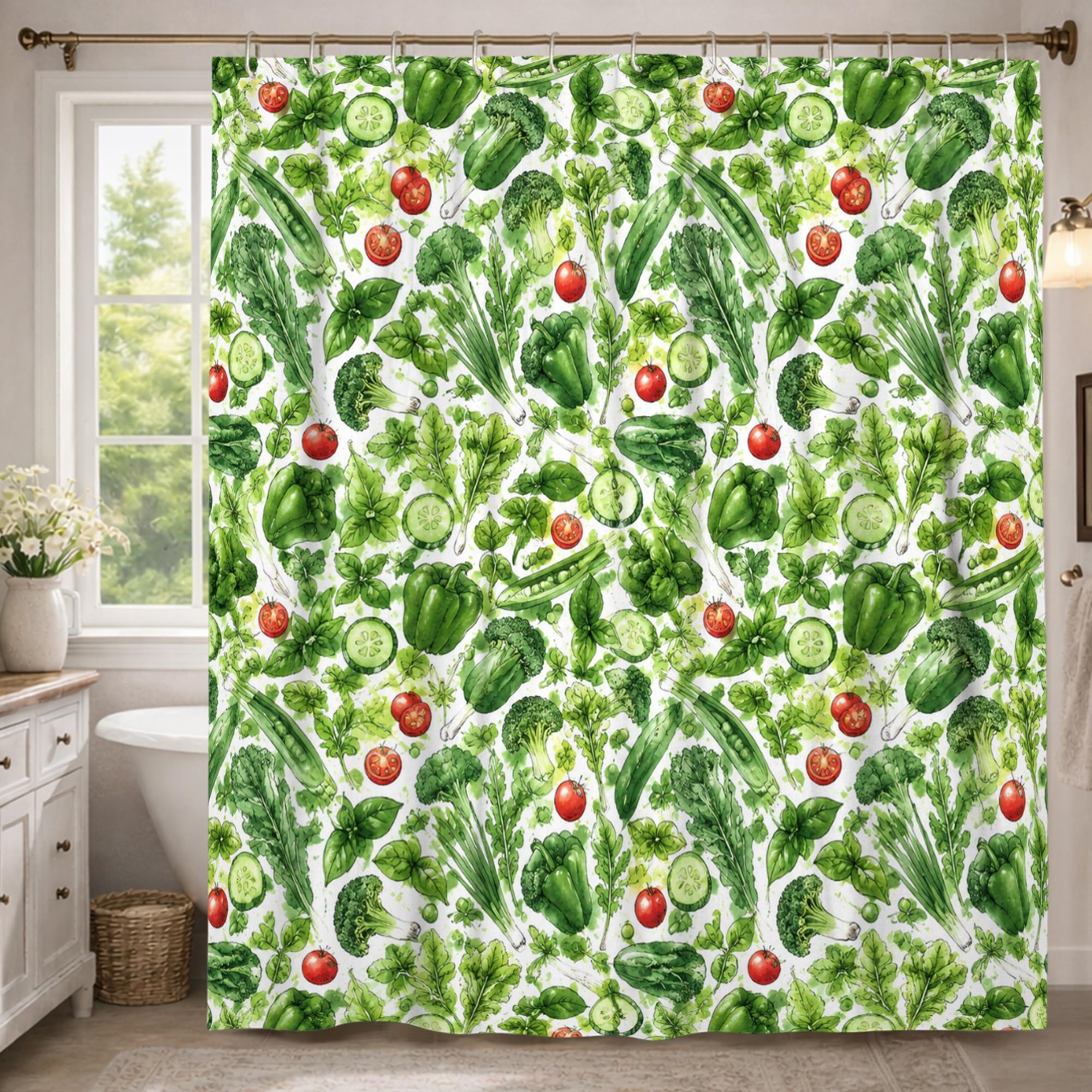 Rideau de douche grande hauteur 243 cm pour salle de bain style nature vert d'été et légumes