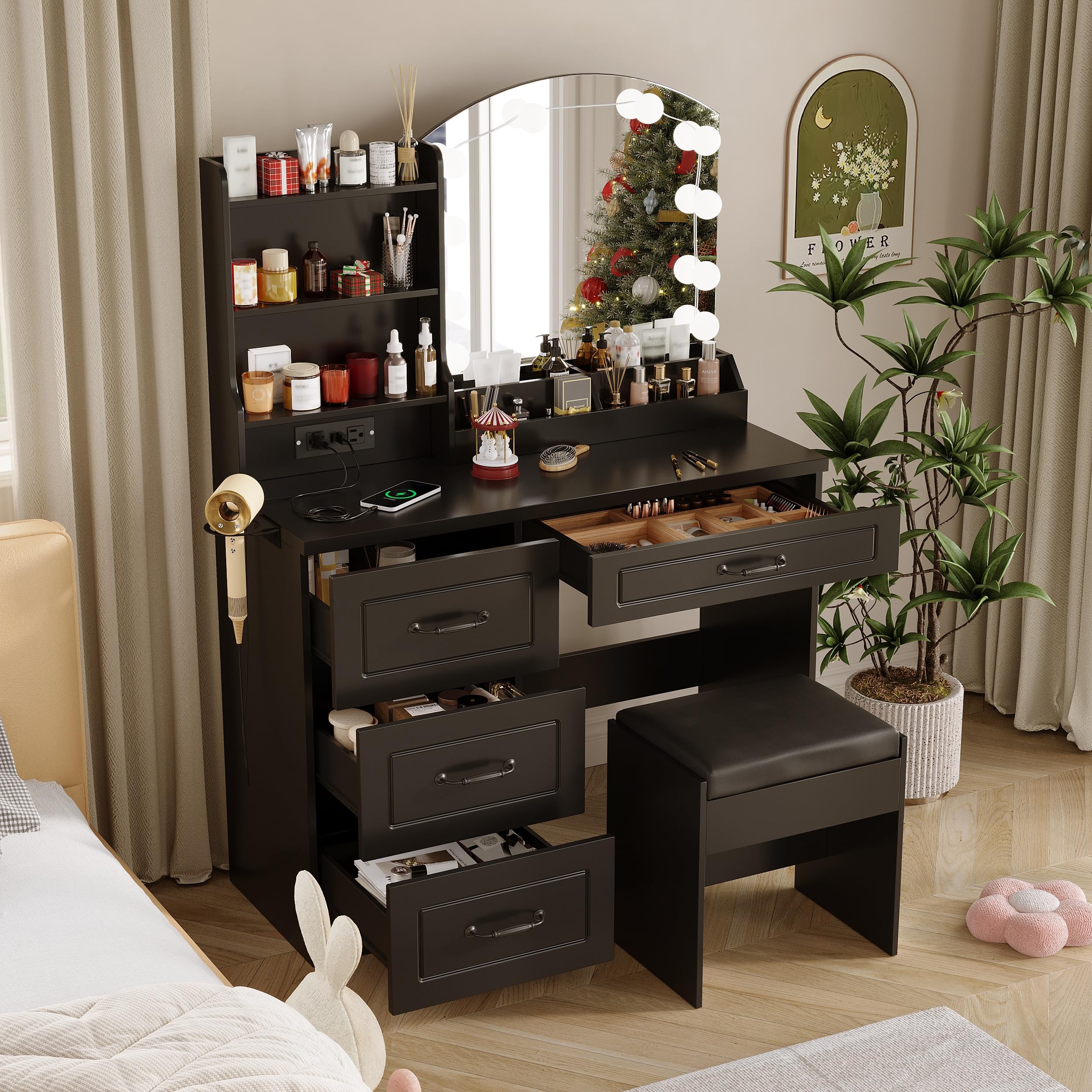 Vabches Makeup Vanity Table with Lighted Mirror & Power Strip, Vanity Set with Hair Dryer Rack, Lots Storage, 3 Lighting Modes, Brightness Adjustable,