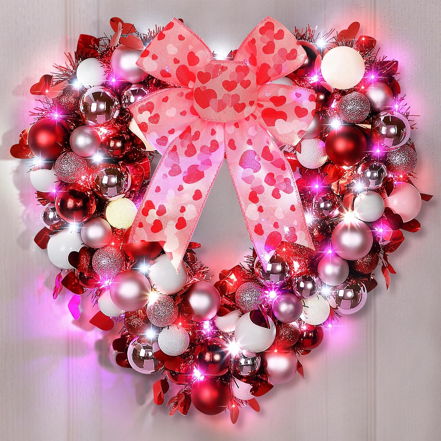 14'' Valentine Wreath Heart Door Wreath for Front Door Wall Window Romantic Decor, 2 Tier Plastic Valentines Day Love Heart Wreath with Bowknot for Valentine‘s Day Wedding Party (Red Pink White)