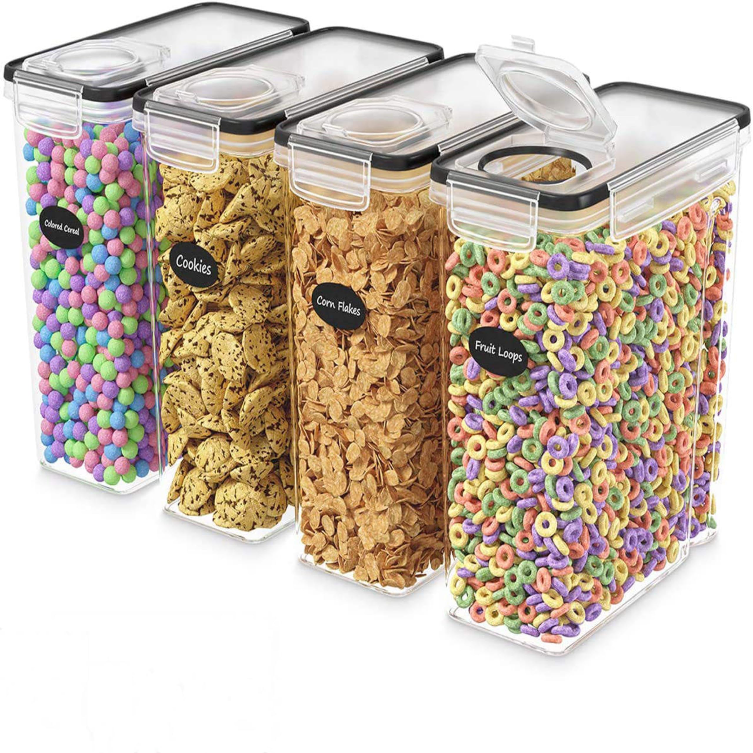 Arify4 Pcs Airtight Stackable Plastic Cereal and Dry Food Storage Containers with Locking Lids (2.5L), BPA Free Dishwasher Safe, Microwave & Freezer Safe. Labels, Spoon set and Marker included