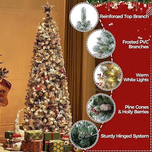 Miniatura 7 de Yaheetech Árbol de Navidad esmerilado preiluminado de 6 pies, árbol de vacaciones esmerilado delgado con 618 puntas, 200 luces, conos de pino,