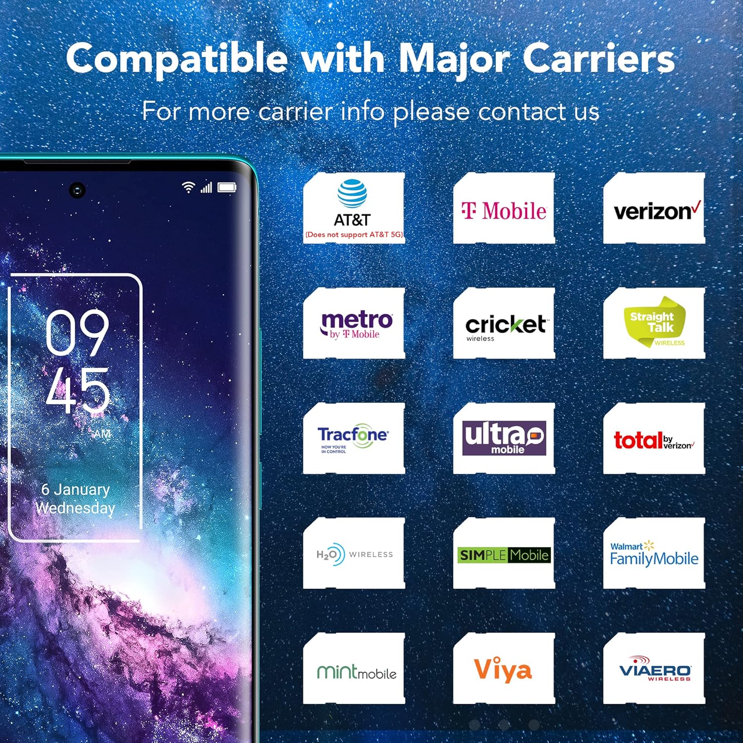 TCL 20 Pro 5G screen showing compatibility with various major US carriers like AT&T, T-Mobile, and Verizon.