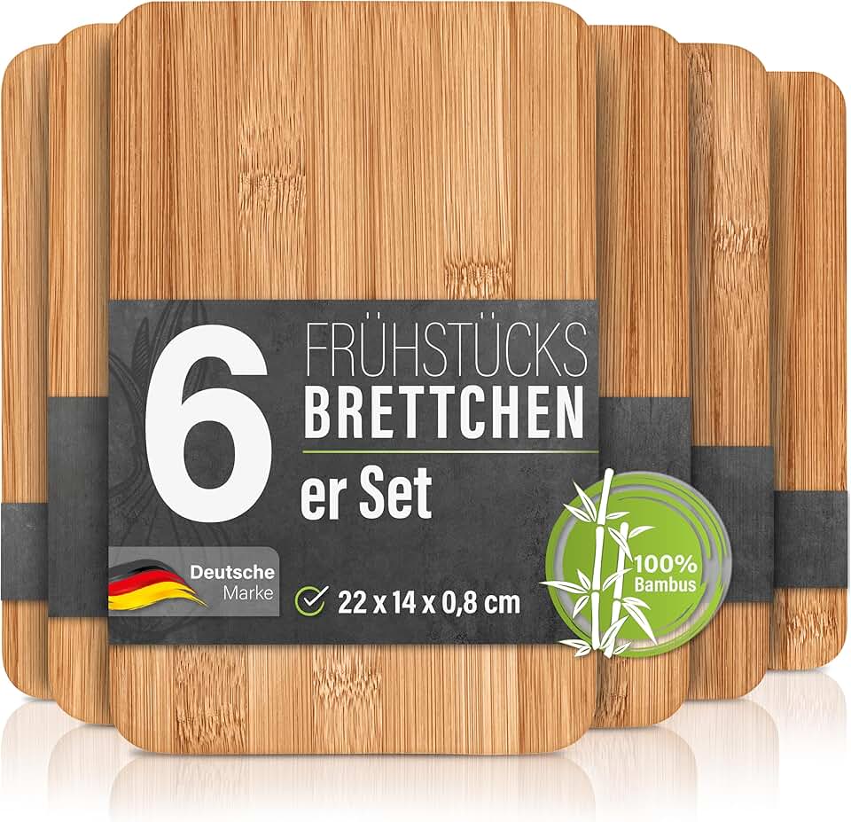 6er Set Frühstücksbrettchen aus Bambus Holz 22x14x0,8cm - Ideal für Frühstück, Brotzeit und kleine M