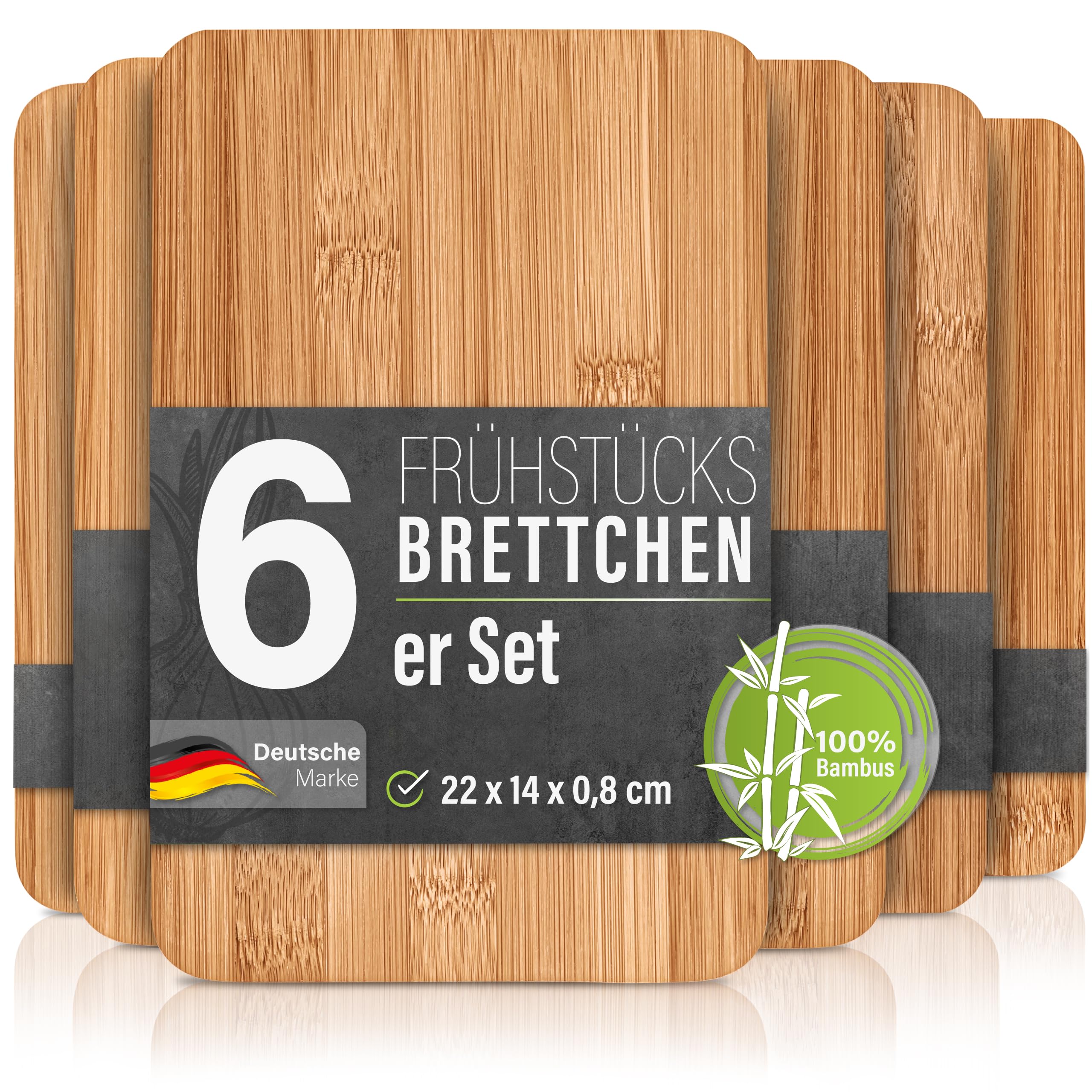 6er Set Frühstücksbrettchen aus Bambus Holz 22x14x0,8cm - Ideal für Frühstück, Brotzeit und kleine Mahlzeiten - Holzbrettchen Brettchen Frühstücksbrett Holzbrett